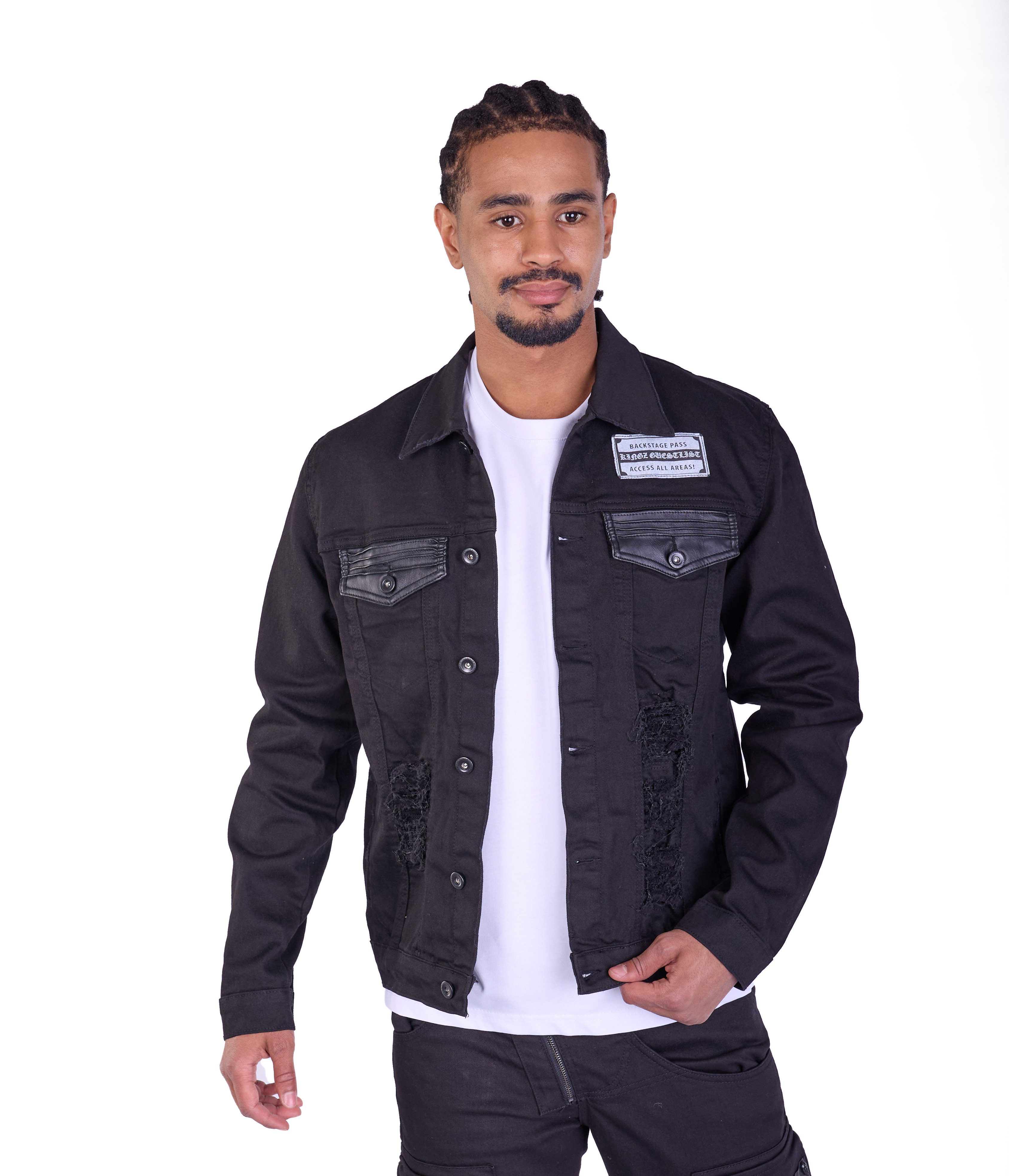 KINGZ Jeansjacke Herren Designer Jeansjacke Kunstleder Veredelung an den Brusttaschen