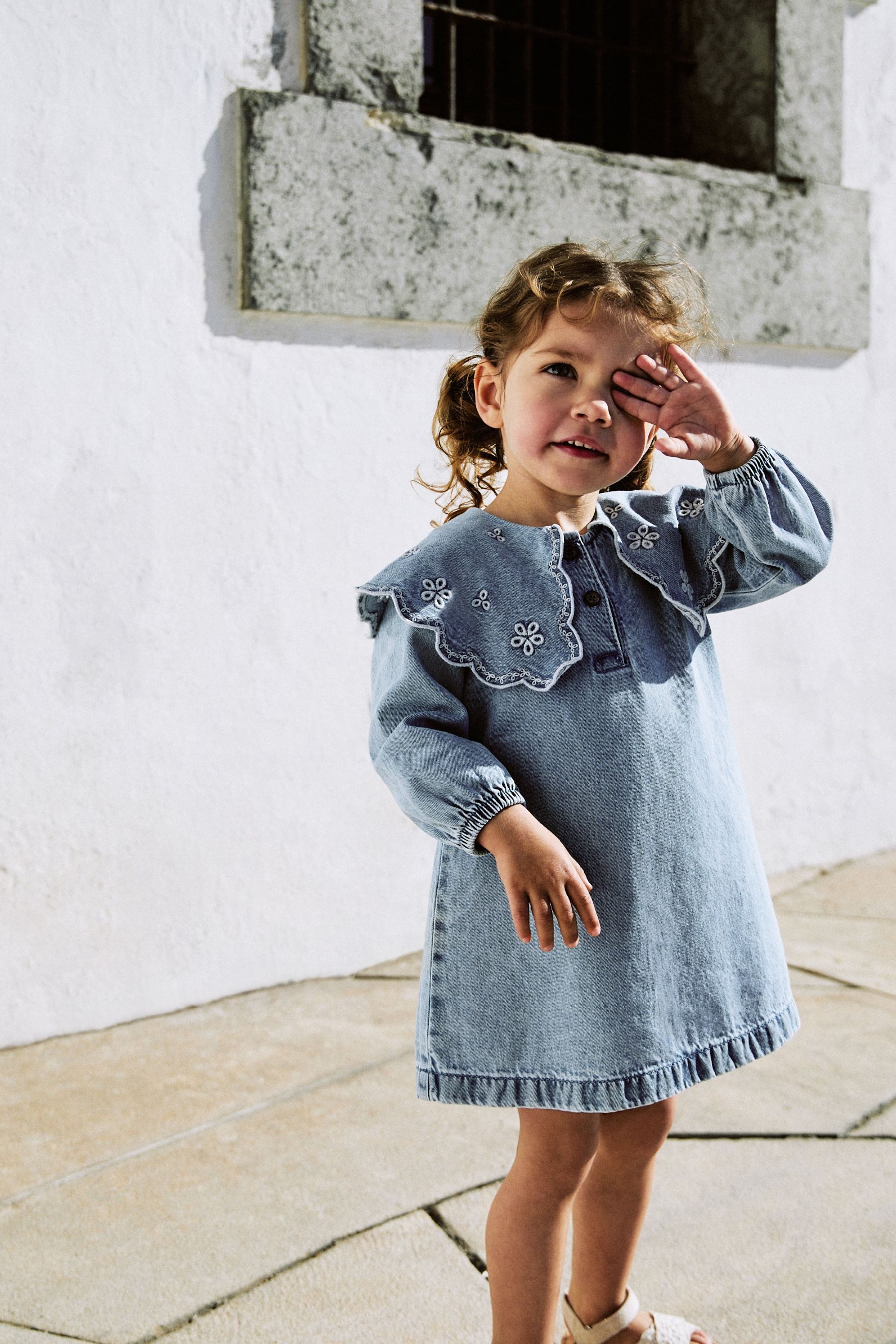 Jeanskleid Kleid mit besticktem Kragen