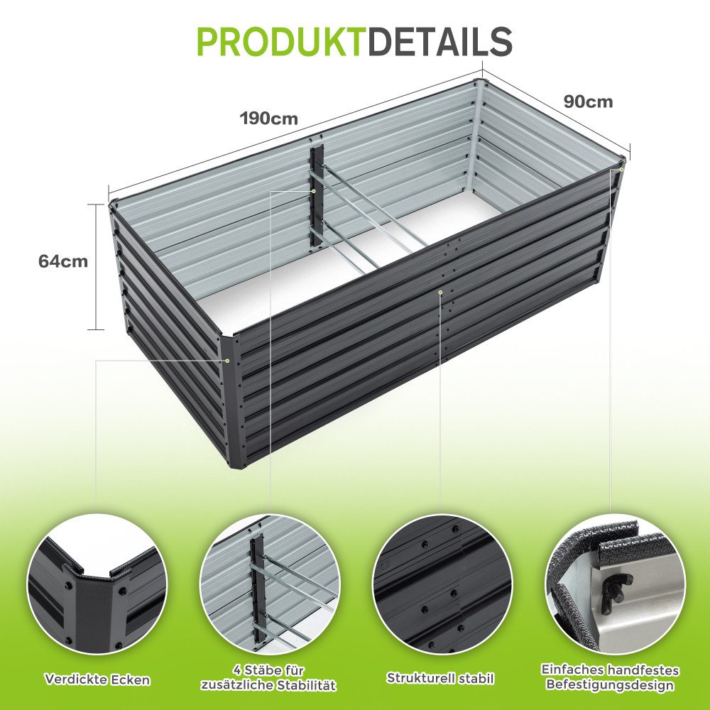 BBWL Hochbeet 2er Set 190x90x64 cm Wetterfestes Gartenbeet mit Offener Boden, Metall Hochbeet Rostfrei für Gemüse Kräuter Blumen Terrasse – Bild 3 von 5
