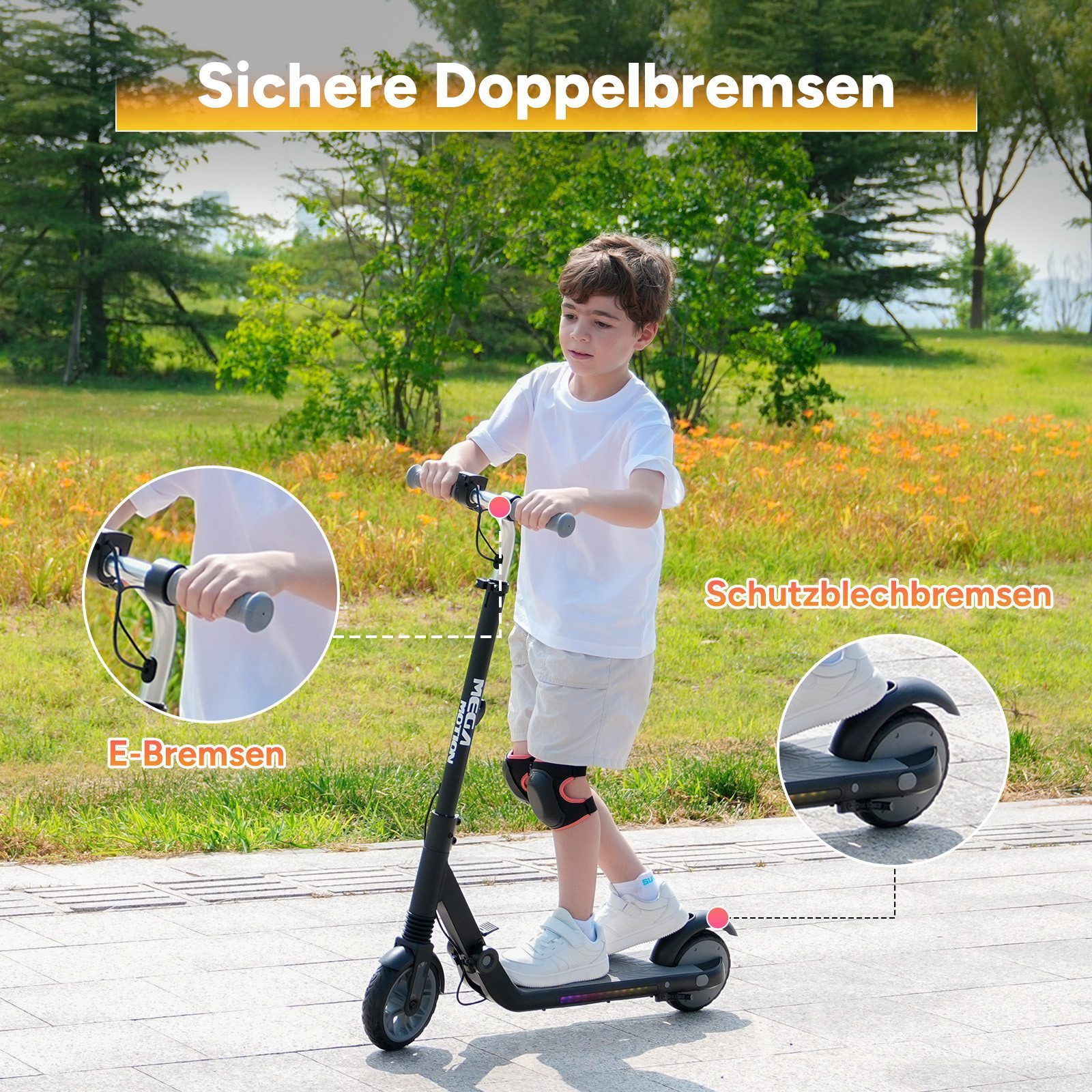 Mega Motion Elektro-Kinderroller ME1 E-Scooter für Kinder, 8/12/16 km/h, mit verstellbarem Lenker, faltbar, sieben Farben Lichtern, bis zu 8km, Display für 6-12 Jahren