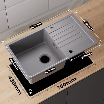 CECIPA pro Granitspüle Küchenspüle mit Plattennut 78*45cm, Quadrat, 78/20.5 cm, Reversibel – Links oder Rechts montierbar, schwarz/graue Küchenspüle
