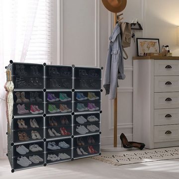 AUFUN Schuhregal mit 24 stapelbaren Schuhboxen Schuhschrank, mit Magnetverschluss Steckregal, 6 stufiger Kunststoff Schuhregale Organizer