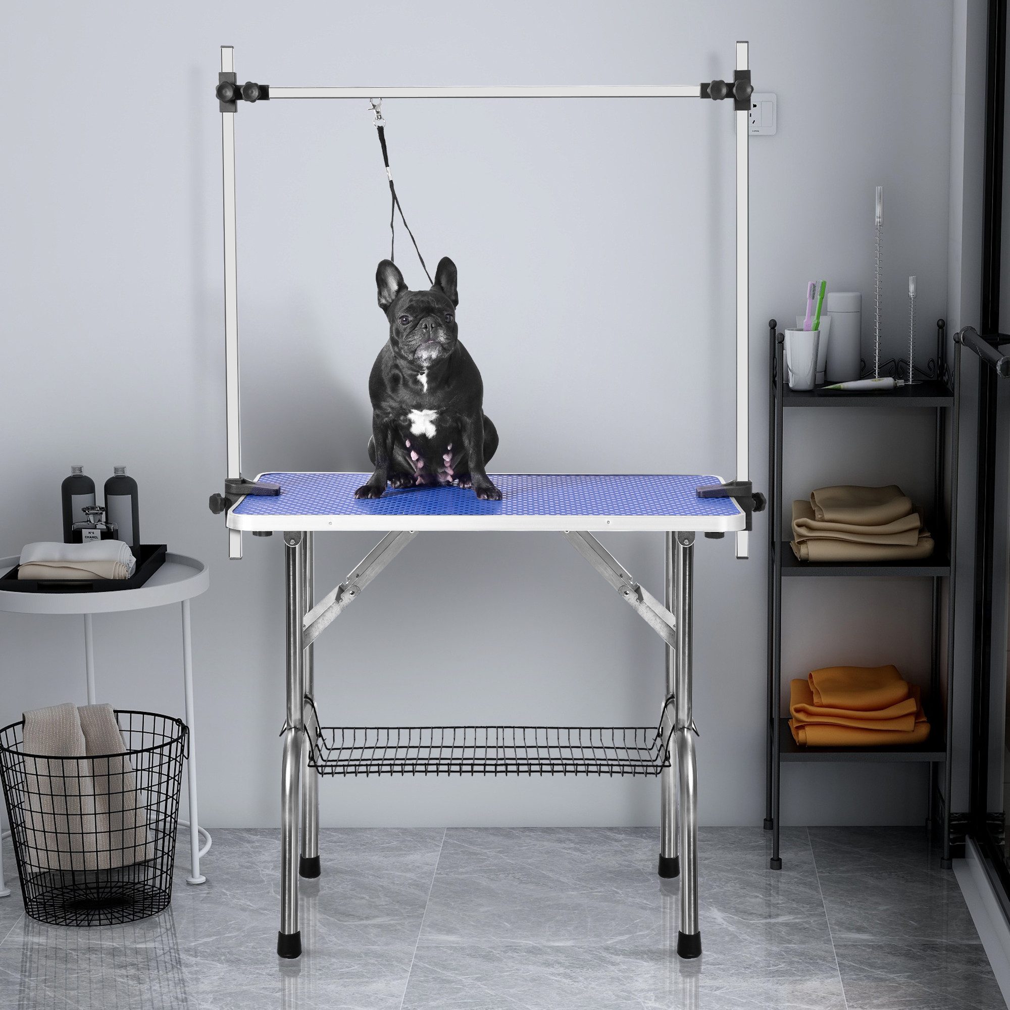 KLAM HOME Arbeitstisch Professioneller faltbarer Haustierpflegetisch Haustierpflegetisch (Haustierhaarschneidetisch, tragbarer Arm Leine Netzablage und Matte), 90*60*76cm (L*B*H) maximale Tragfähigkeit 60kg