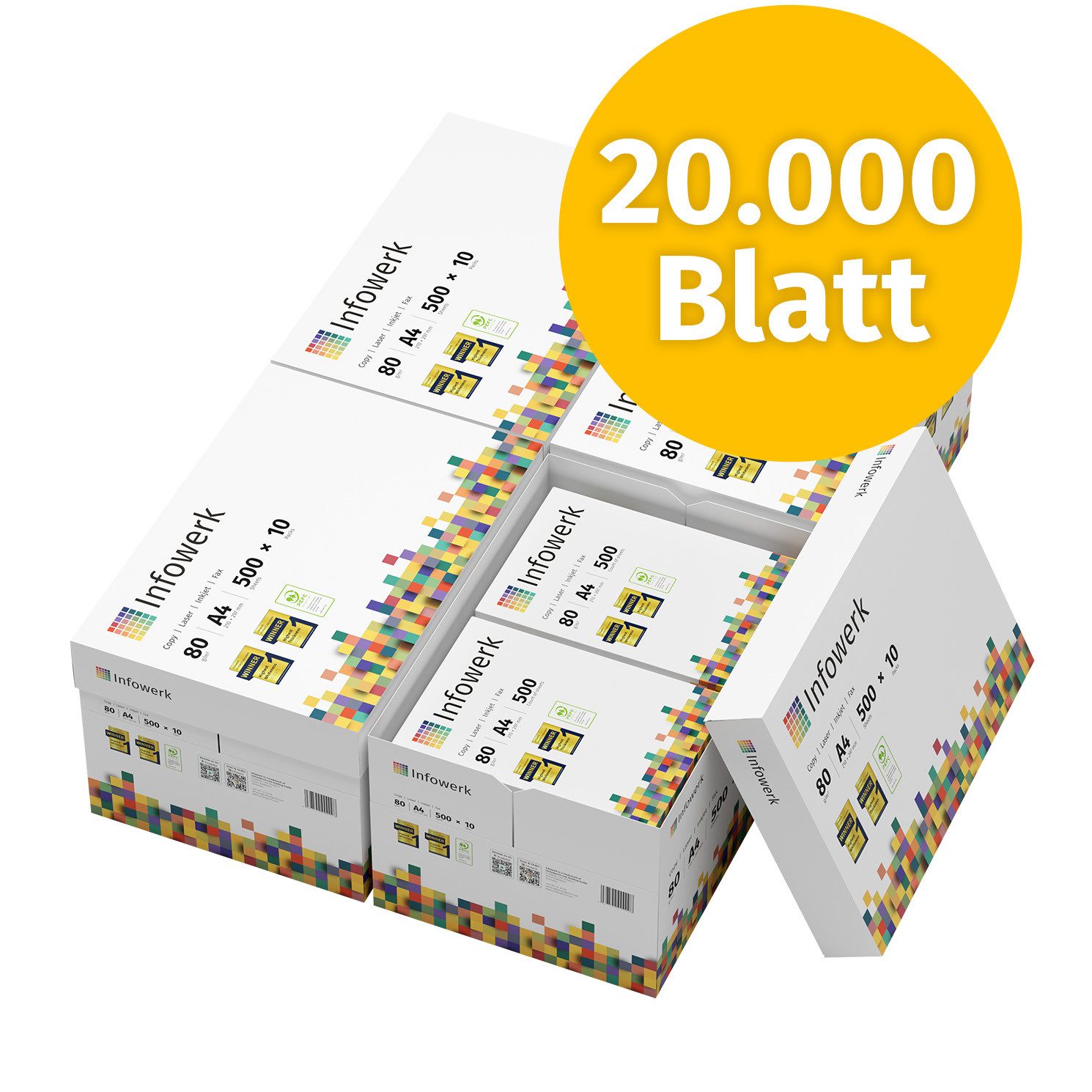Infowerk Druckerpapier Kopierpapier 20000 Blatt A4 80g Premium Weiß Testsieger PEFC