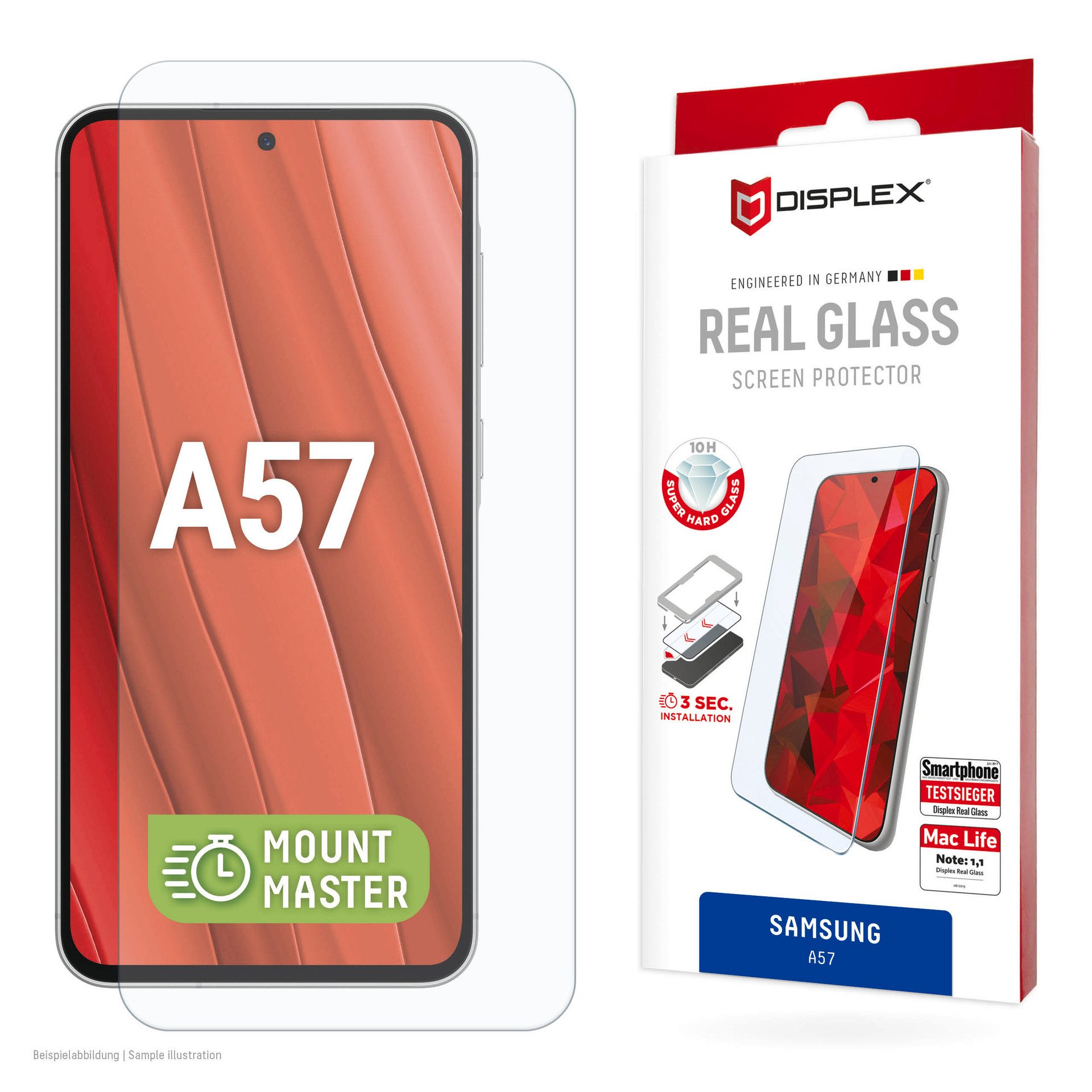 Displex Displayschutzglas Real Glass Screen Protector mit EASY-ON MountMaster für Samsung Galaxy A57, Displayschutzfolie, Schutzfolie, Bildschirmschutz, kratz- & stoßfest