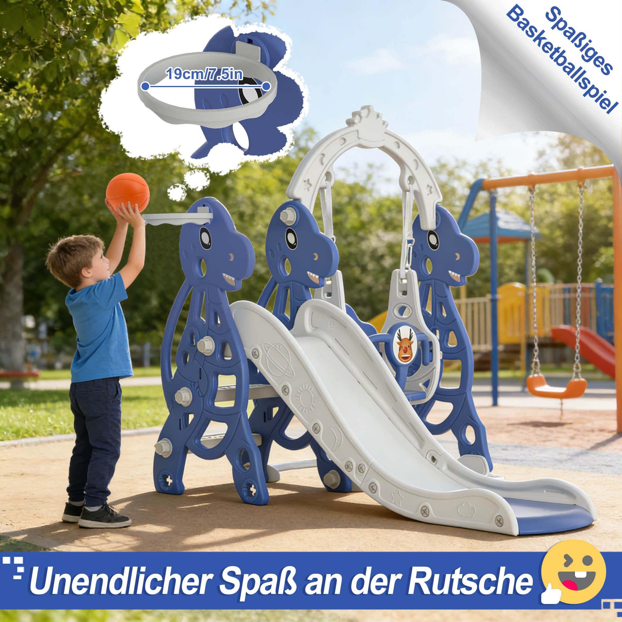 FIVMEN Rutsche Kinder Freistehende Kinderrutsche Spielzeugrutsche Gartenrutsche, Kinder Rutsche inkl. Klettergerüst & Basketballkorb, Blau