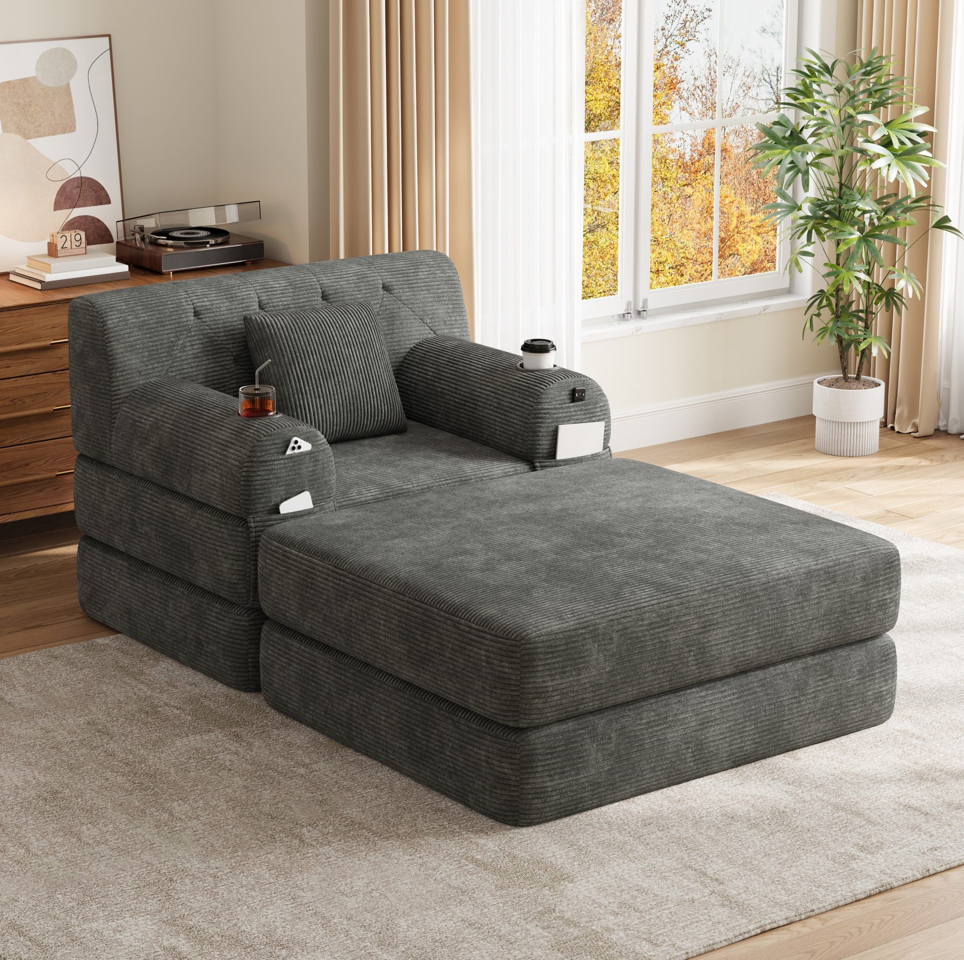 MODFU Sofa Loungesessel 1-Sitzer mit Hocker, Relaxsessel, Getränkehaltern und Stauraumtaschen, weichem Cordstoff und ergonomischer hoher Rückenlehne 1 Teile, Polsterstuhl Loungesofa