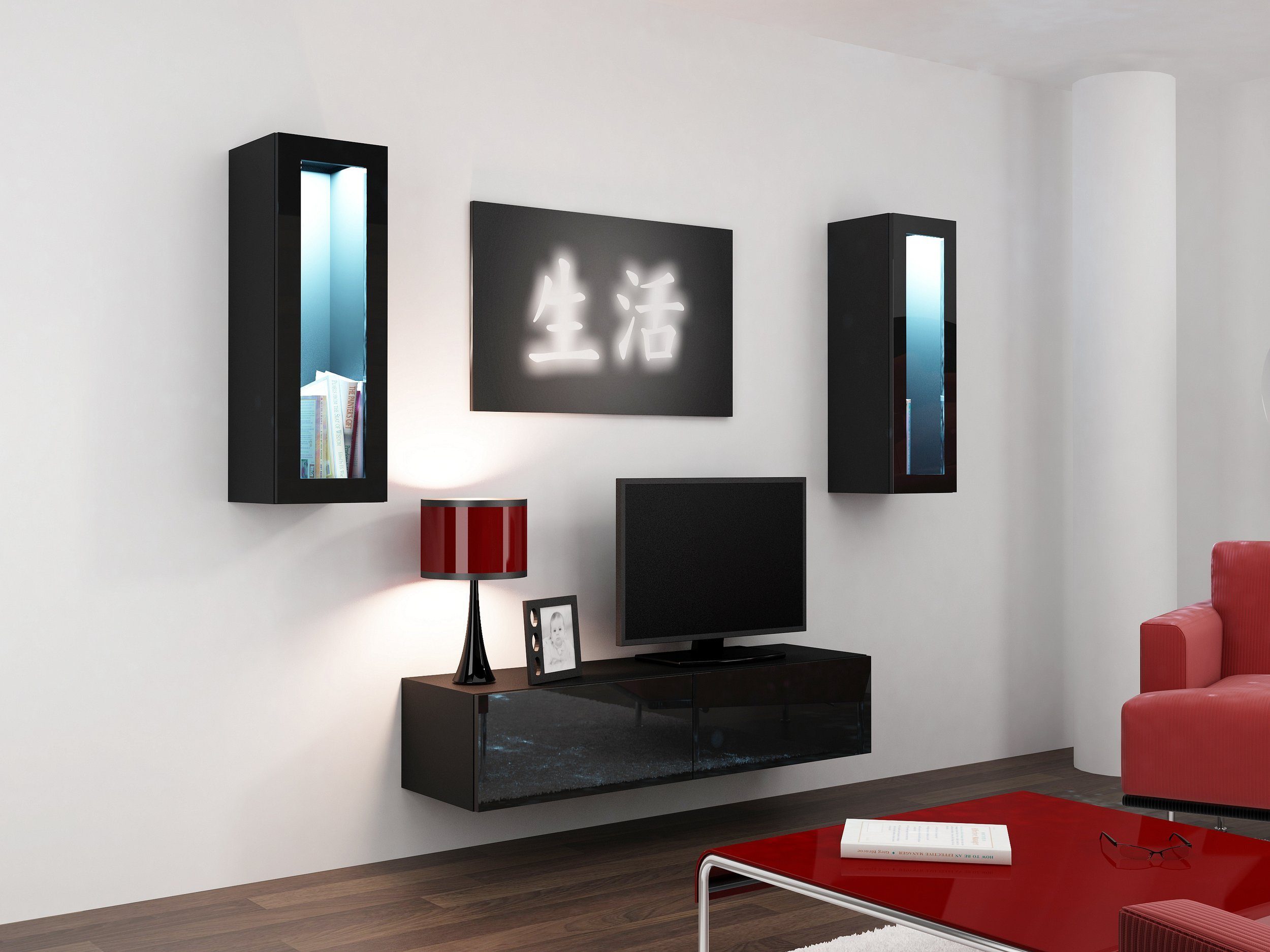 Stylefy Wohnwand Vago VIII, (Set (3-St), Wohnmöbel, Wohnzimmer-Set), bestehend aus 1xLowboard und 2xHängevitrine, Glaselemente, mit Push-to-Open, inkl. LED-Beleuchtung Schwarz/Schwarz Hochglanz