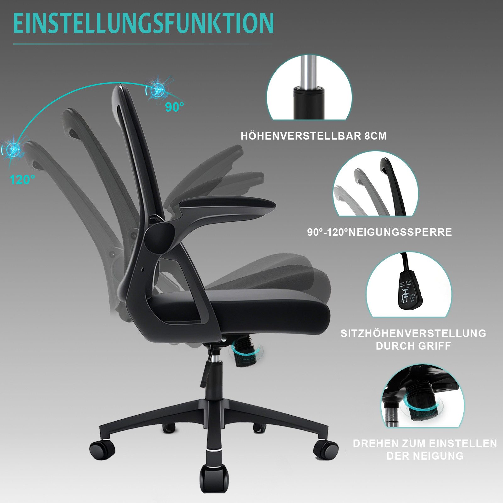 Milacyee Bürostuhl Ergonomisch Bürostuhl Stuhl mit verstellbaren, gepolsterten Armlehnen (Höhenverstellbarer Chefsessel mit geräuscharmen Rollen,Drehstuhl mit dynamische Rückenstütze), 150KG Belastbar Schwarz