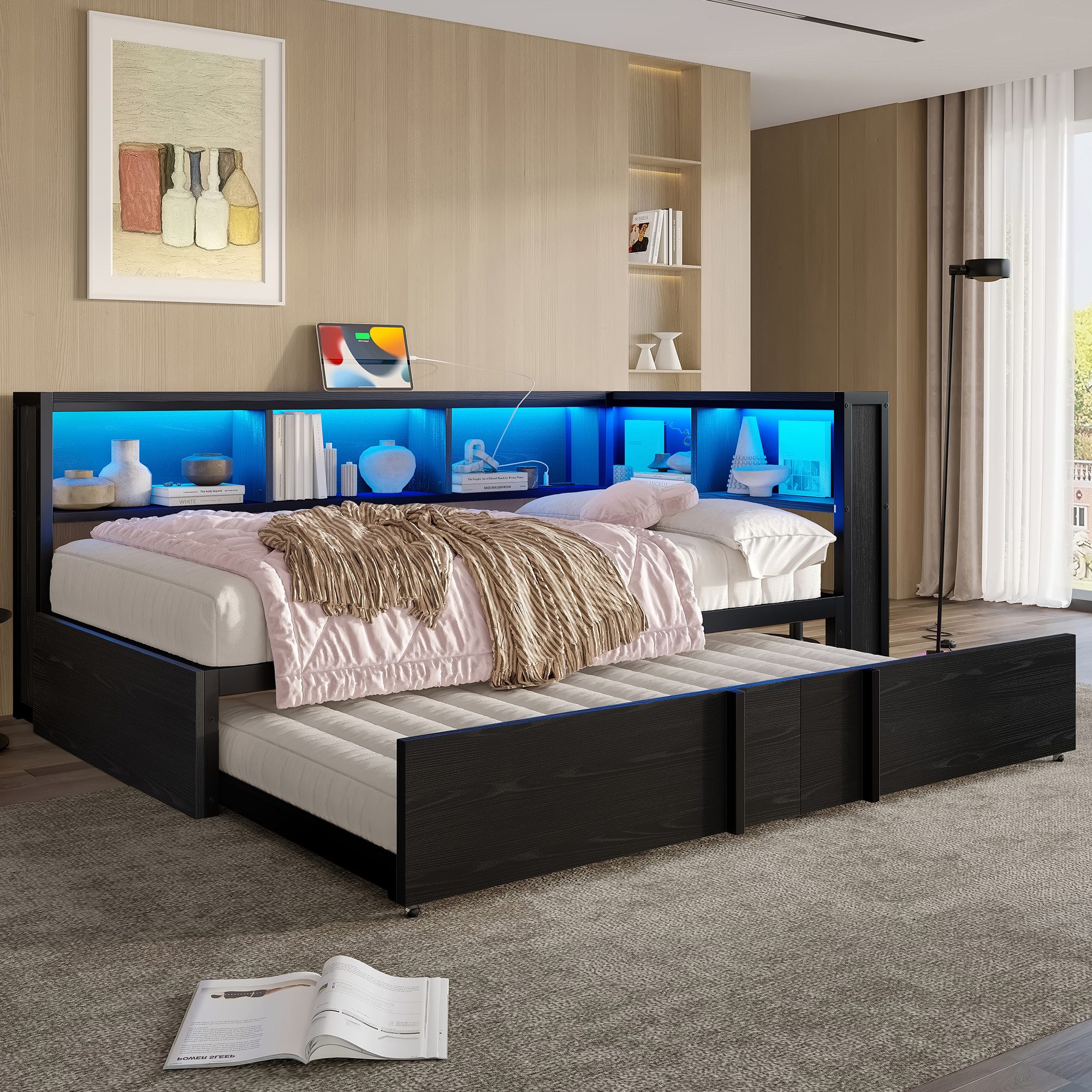 Merax Daybett 90x200cm mit LED-Beleuchtung und USB-Anschlüssen (Jugendbett Kinderbett aus Metall und MDF, 1 tlg), Tagesbett mit Ausziehbett & 5 Stauschränken, S – Bild 4 von 5