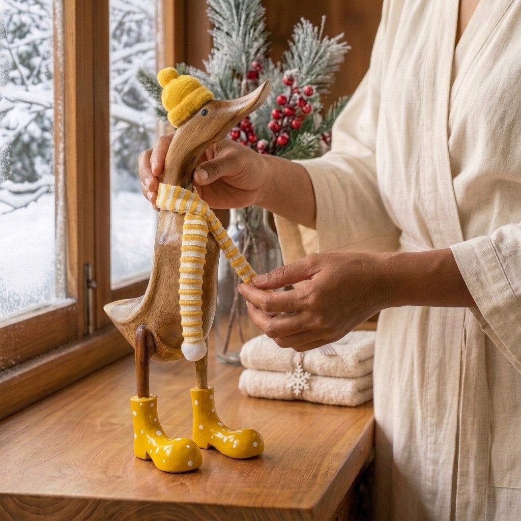 Kinaree Dekofigur Deko Ente Holz mit Schal in verschiedenen Farben Indonesien Holzente, Naturprodukt, Handgefertigt, Unikate, Geschenkideen, Individuell