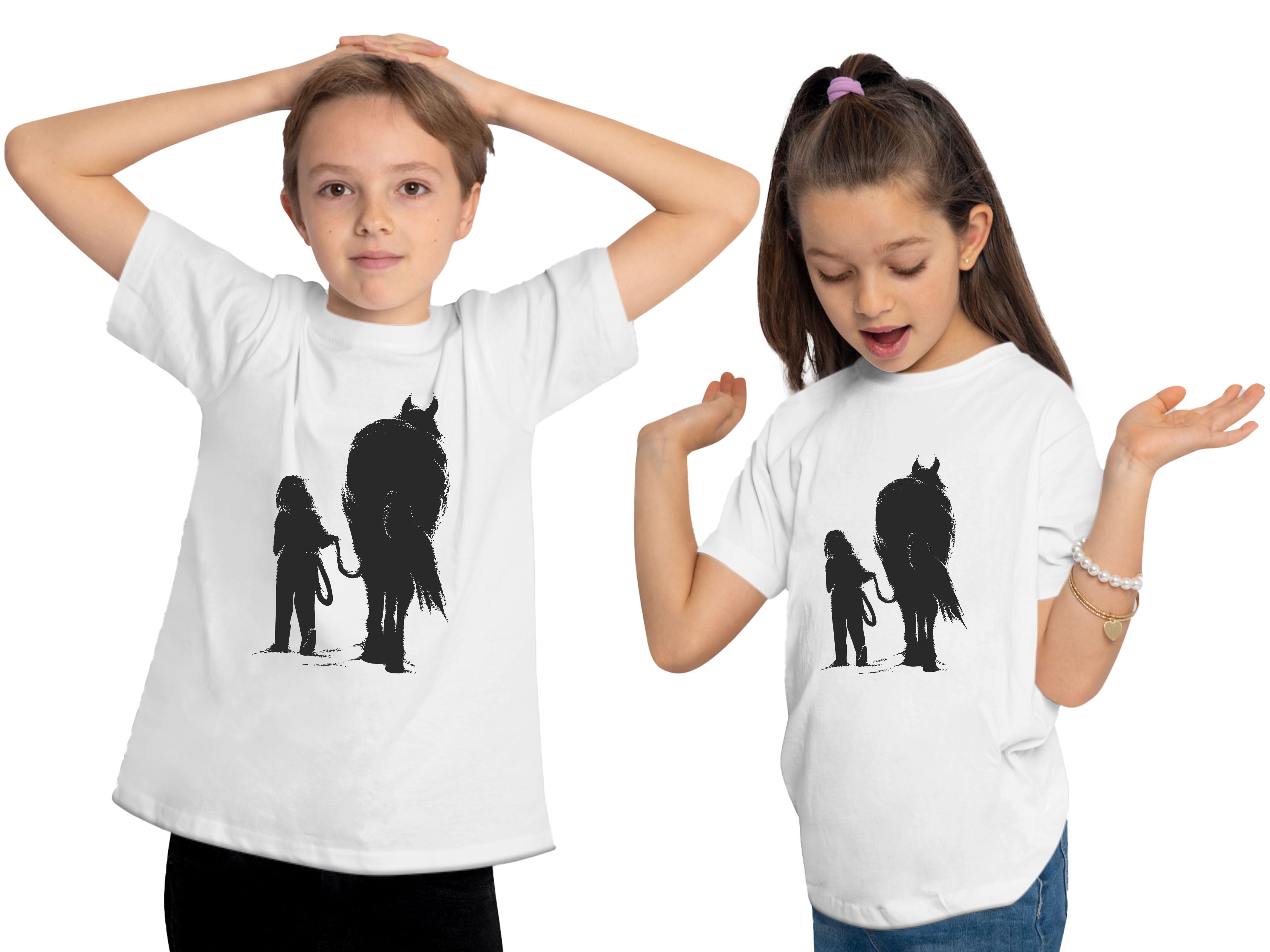 Shirt Aufdruck, Print Mädchen Pferd weiss beim i250 Kinder bedruckt Spaziergang MyDesign24 Baumwollshirt & T-Shirt mit -