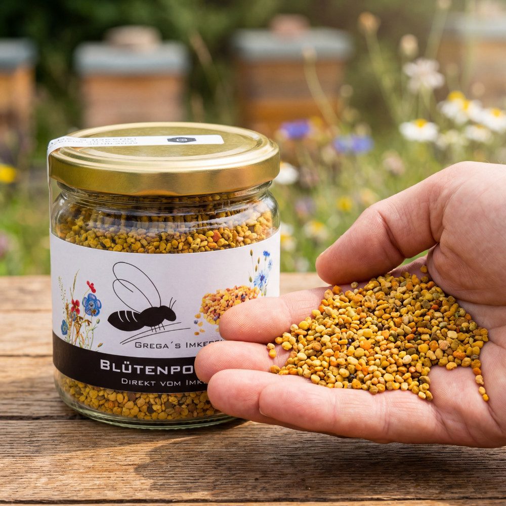 Grega´s Imkerei Honig Blütenpollen getrocknet im Glas, 1 x 120 g, (süße, natürliche und super leckere Blütenpollen), schonend getrocknete Blütenpollen im Glas direkt vom Imker