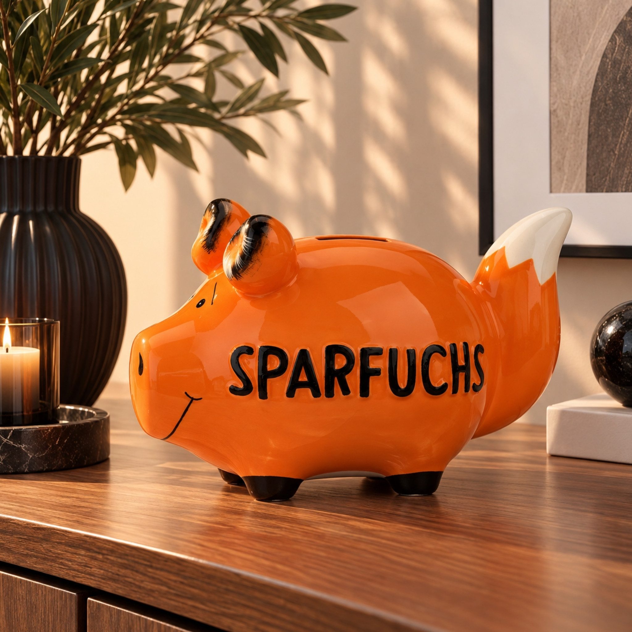 matches21 HOME & HOBBY Spardose Lustige Spardose Sparschwein SPARFUCHS orange 12,5 cm, Lustige Keramik Sparbüchse - Gummistopfen zum Öffnen