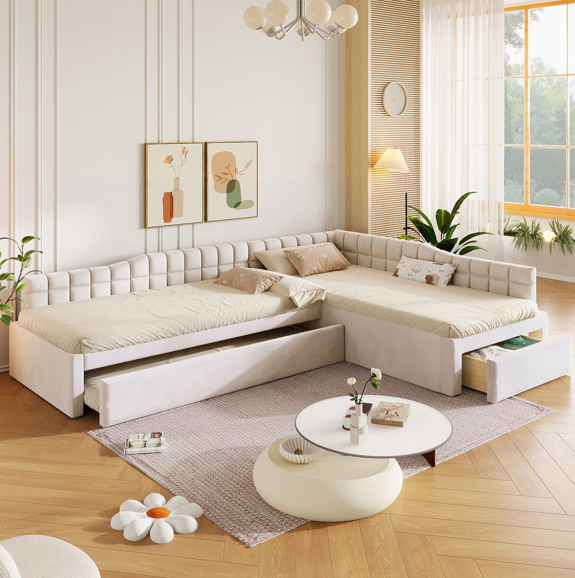 REDOM Polsterbett Komfortables Bettgestell mit Stoffbezug und weicher Polsterung (Packung, 1-tlg., 90x200 L-Bett Beige aus Samt mit Zusatzbett ohne Matratze), Einzelbett Lösung mit Schubladen und flexiblem Ausziehbett