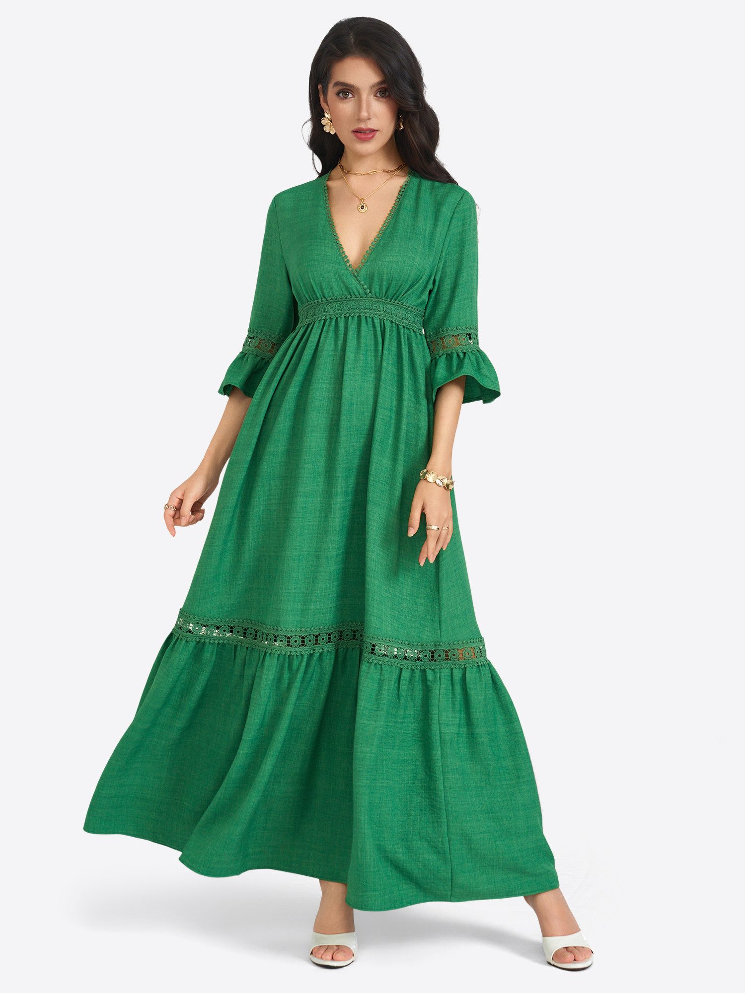 Imily Bela Maxikleid Damen Retro Freizeitkleid (Packung, 1-tlg., 1per-Pack) V-Ausschnitt