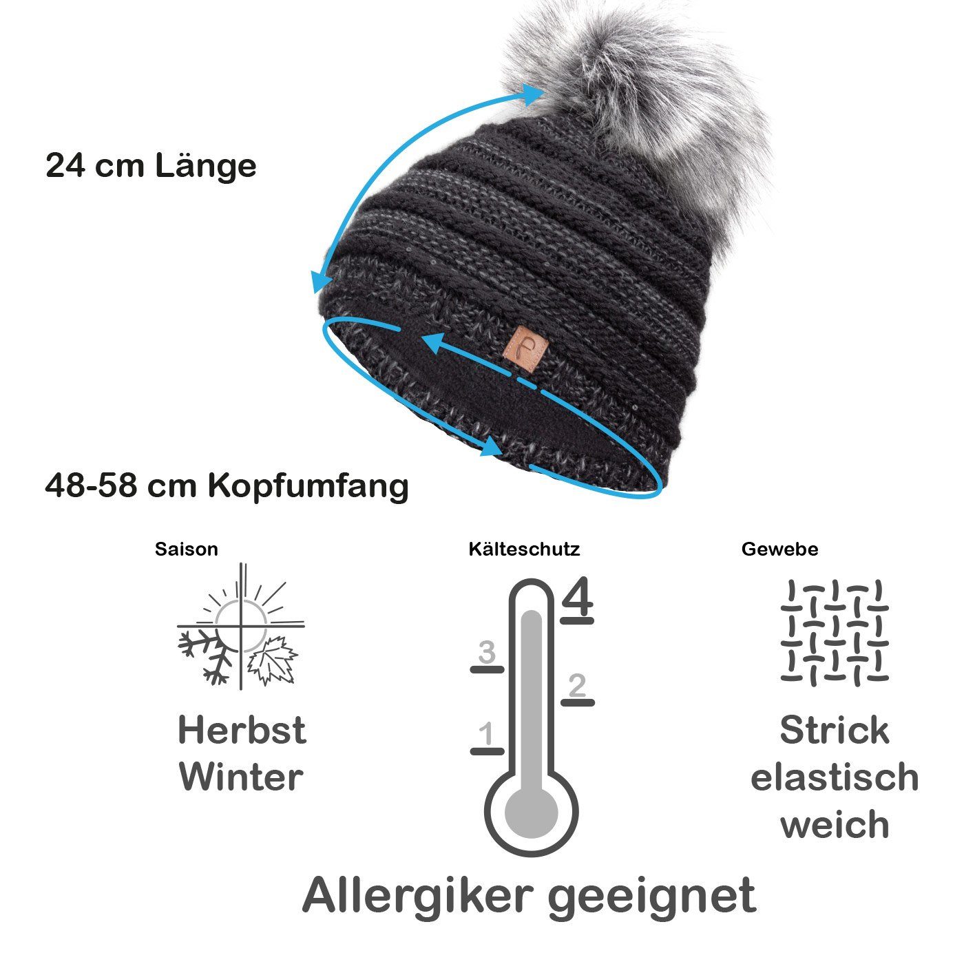Faera Bommelmütze Wintermütze mit Bommel Damen Mütze Beanie Haube gefüttert Strickmütze