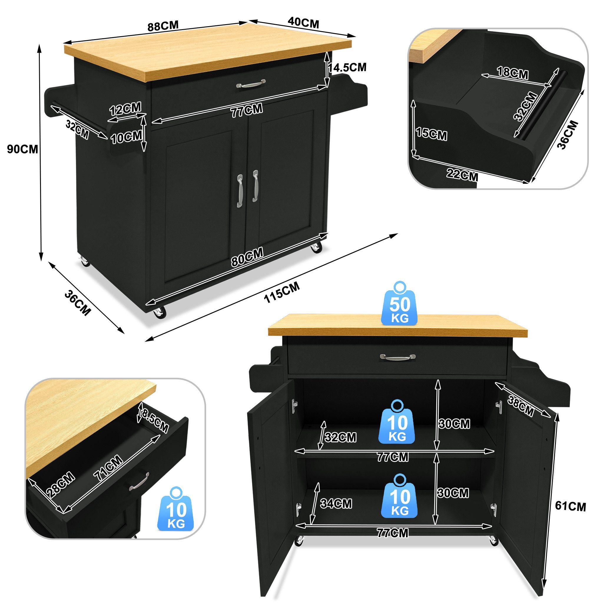 FIVMEN Küchenwagen Kücheninselwagen auf Rollen Küchen Wagen Küchenschrank 115x36x90cm, Für Küche, Wohnzimmer, Esszimmer
