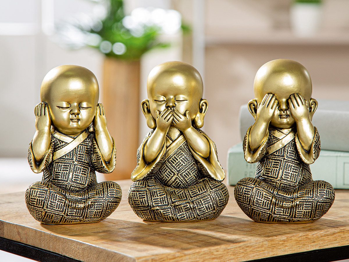 MF Buddhafigur Buddha Figuren Set Monk 3er Set Gold Schwarz Kunstharz Deko (3 St)