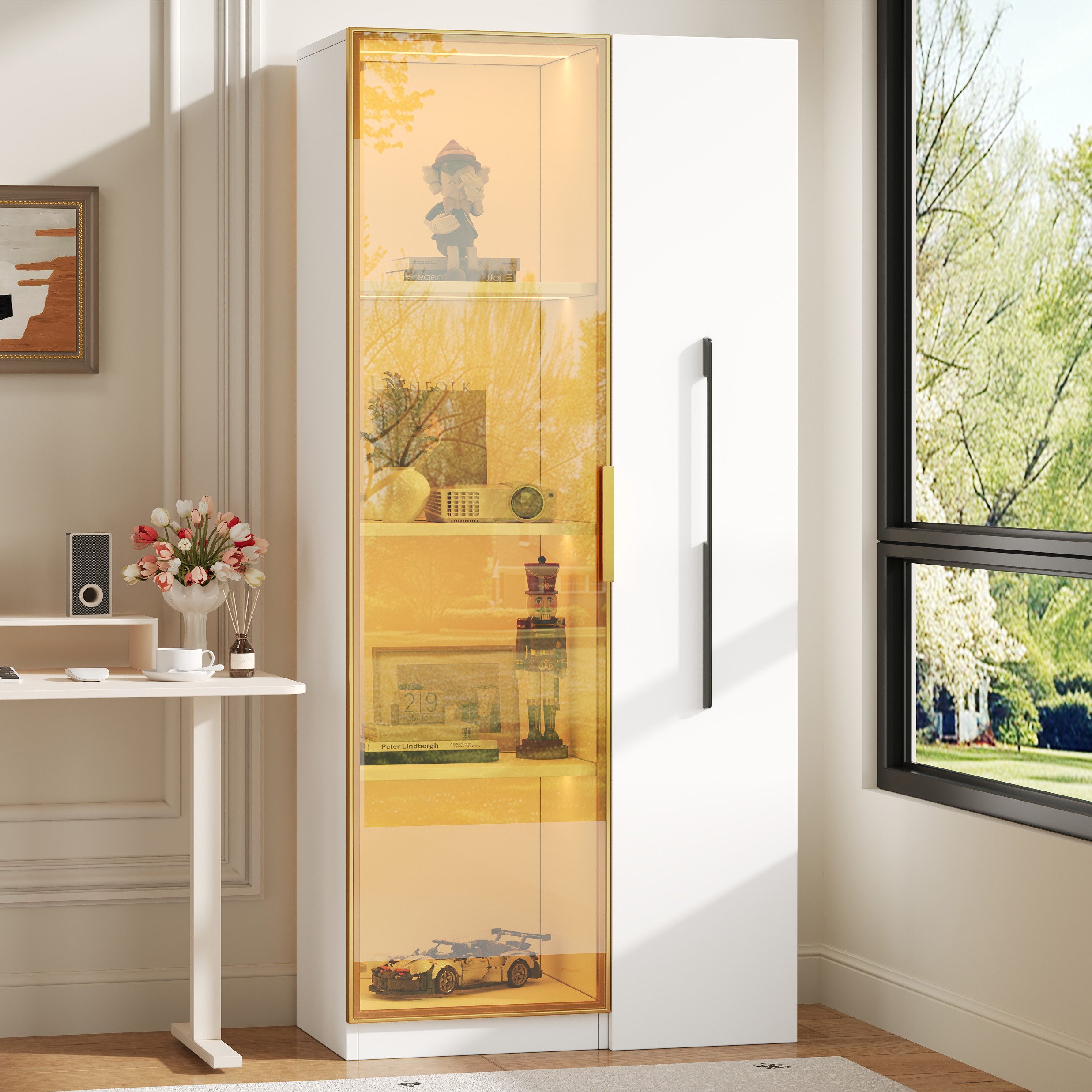 Merax Glasvitrine Vitrine, Auszugsschrank, (1-St., Vitrinenschrank mit LED, Zwei Türen, 70x40x160cm) Bücherregal, Hochschrank mit Regal