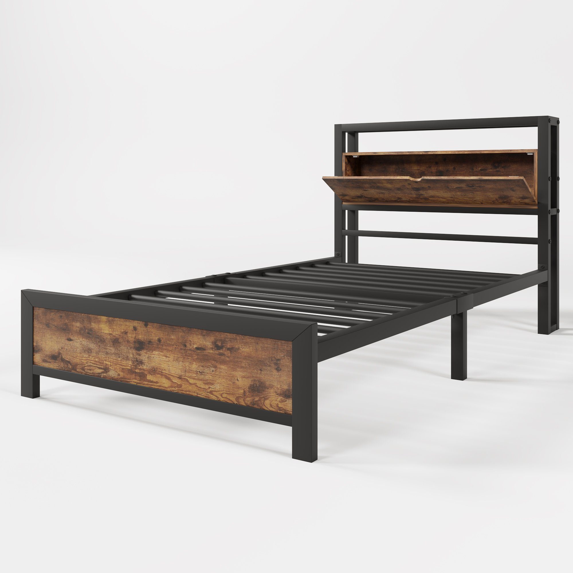 Metallbett (Jugendbett), Einzelbett 90 x 200 cm mit Stauraum-Kopfteil, Lattenrost aus Metall
