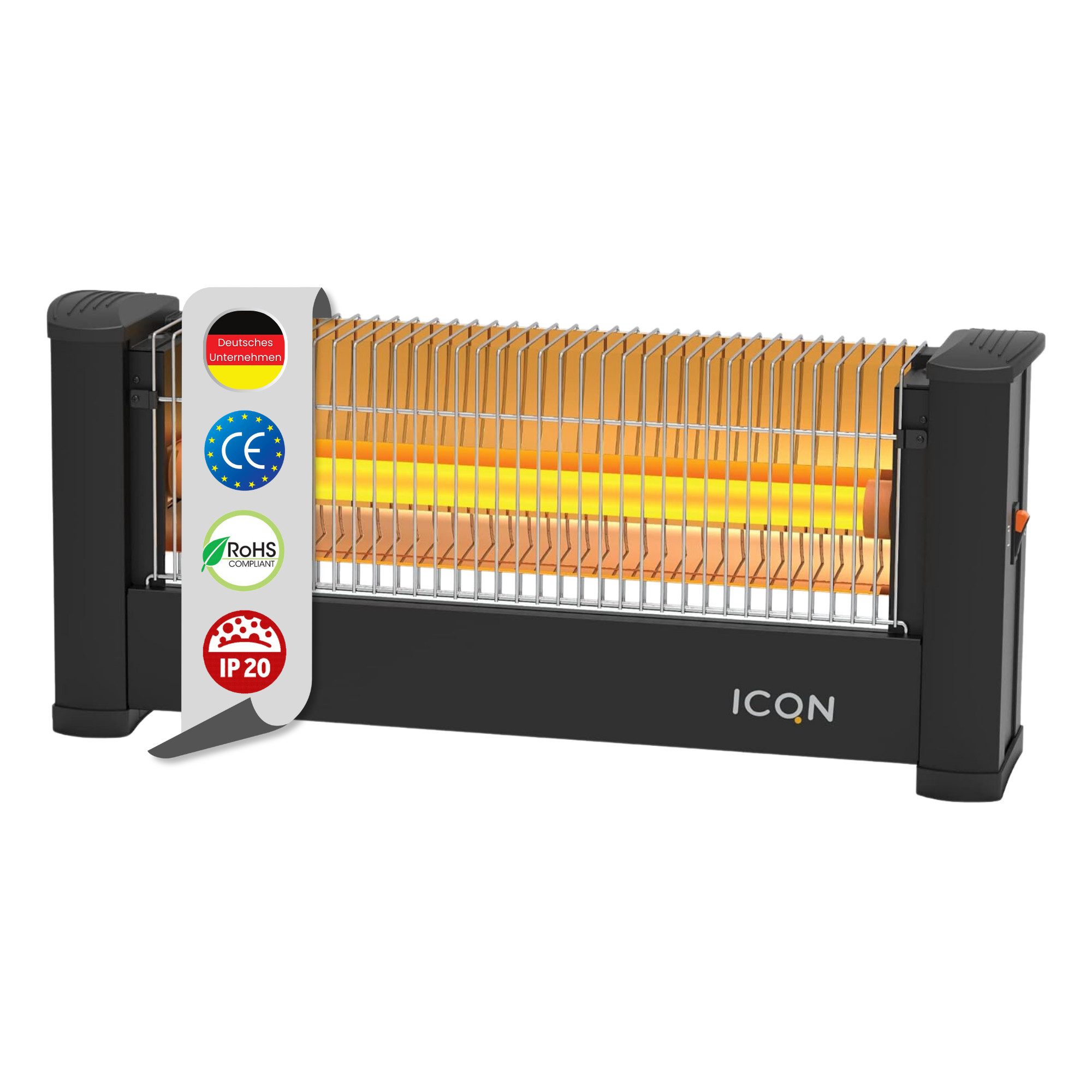 ICQN Heizstrahler Infrarot Standheizstrahler für Büro oder Haus, 135 Zentimeter Kabel, 900 W, Für Räume bis 9m², IP20, Elektroheizung, IQ.0900.APW