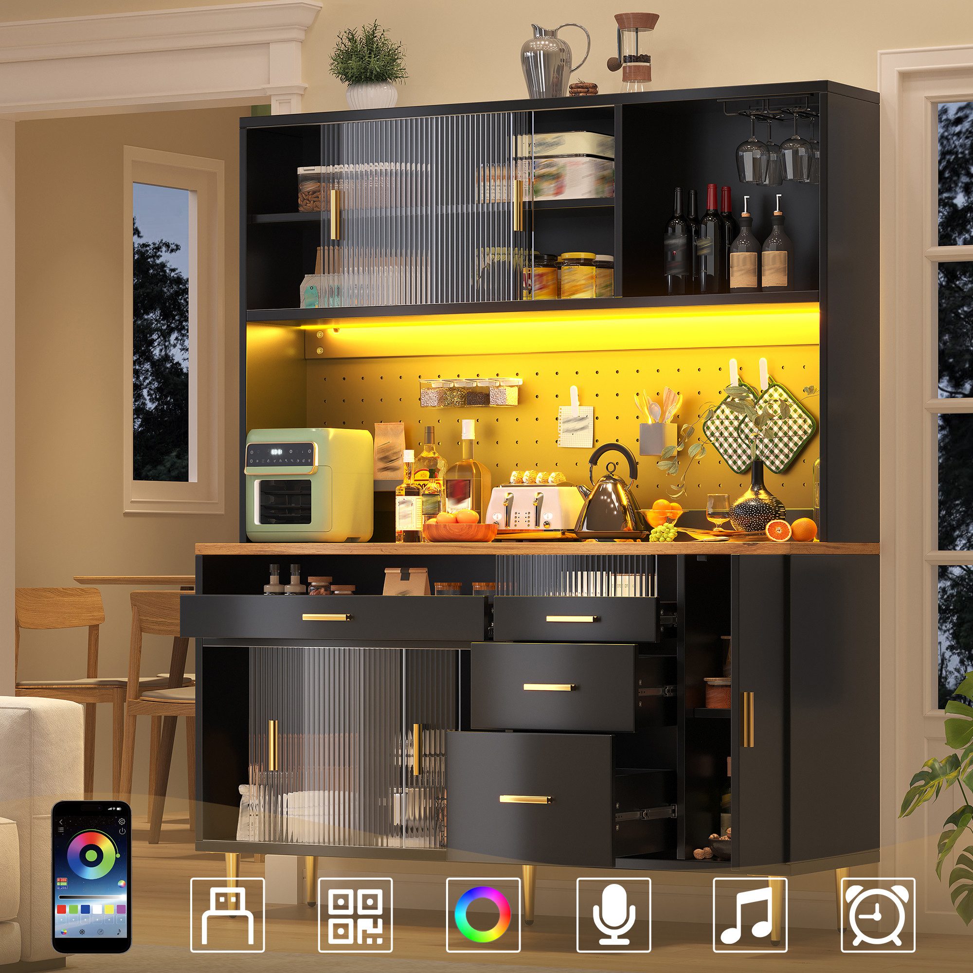 Fine Life Pro Sideboard Hochschrank schwarz, LED, Lochwandregale, 145x39x171 cm