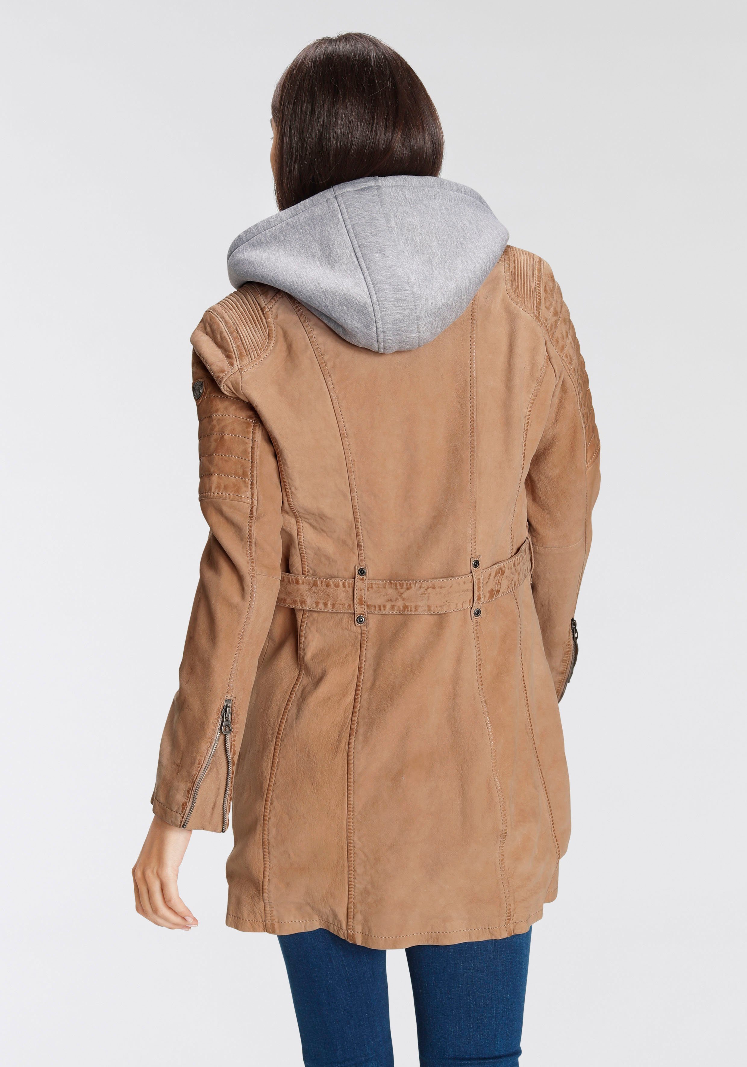 beige Kapuzen-Inlay Jerseyqualität CYARA Gipsy abnehmbarem mit Lederjacke Lederjacke aus