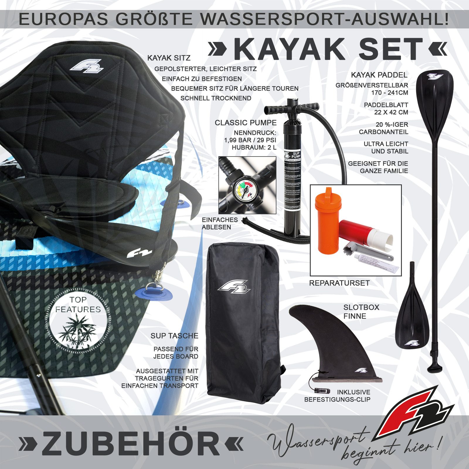 F2 SUP-Board F2 Marken Stand Up Paddle Board Ocean Blau SUP 10'5 320cm + Kajak Zube, Stand up paddle board