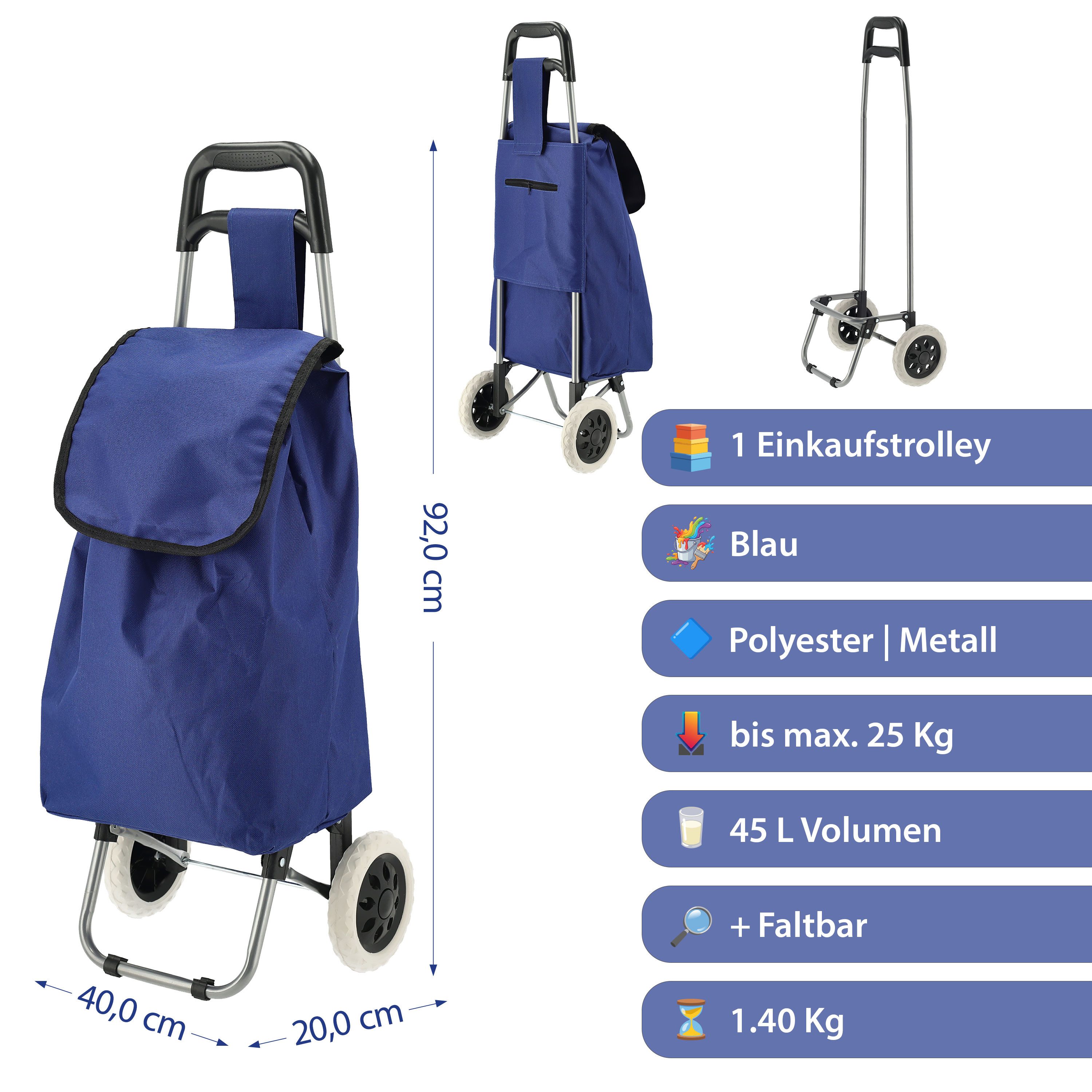 CEPEWA Einkaufstrolley Einkaufstrolley blau 45L 40x92x20cm Polyester Metall Rollen bis 25 kg – Bild 2 von 5