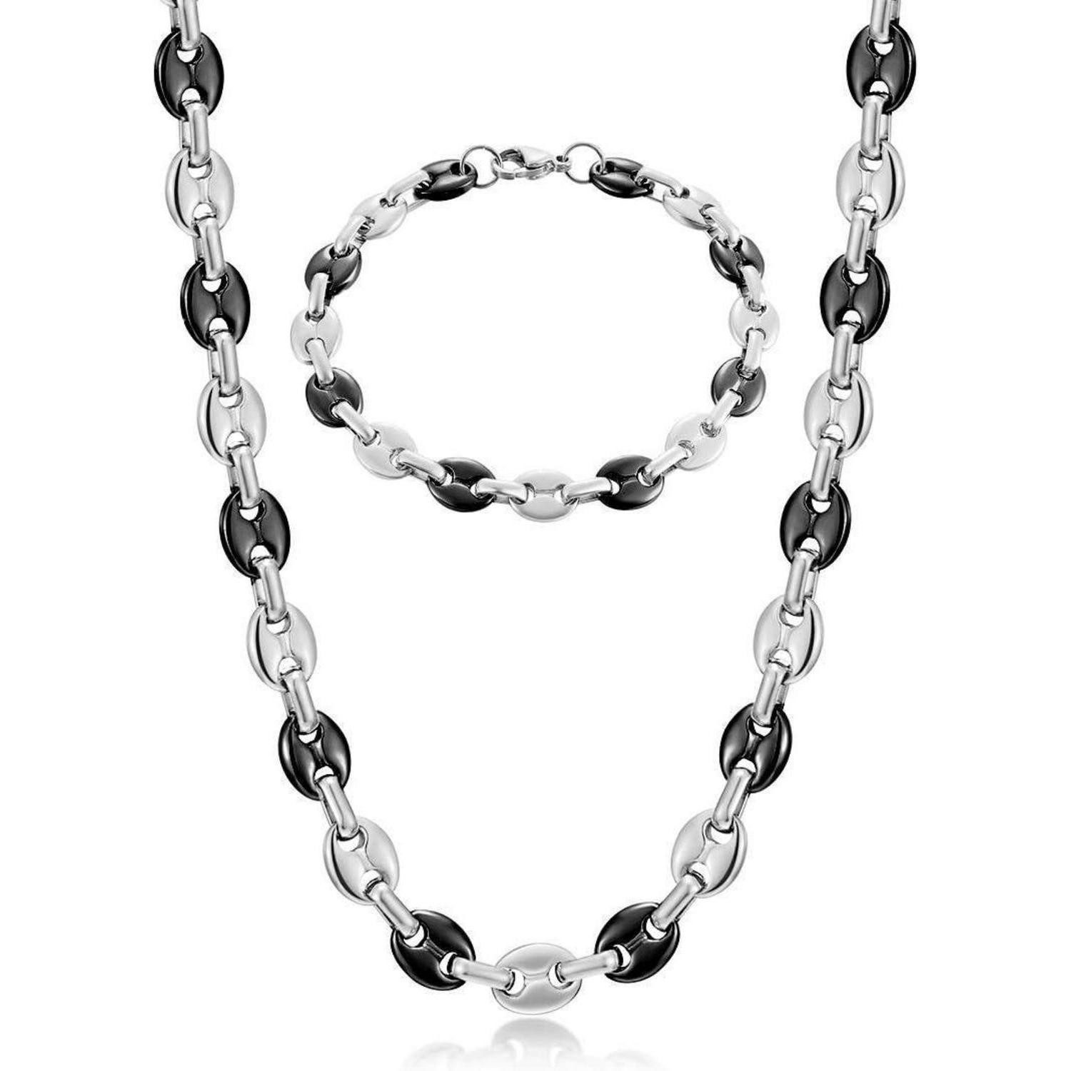 Ketten und Armband Set Halskette Herren Edelstahl 9mm Kaffeebohne Silber Schwarz 56CM