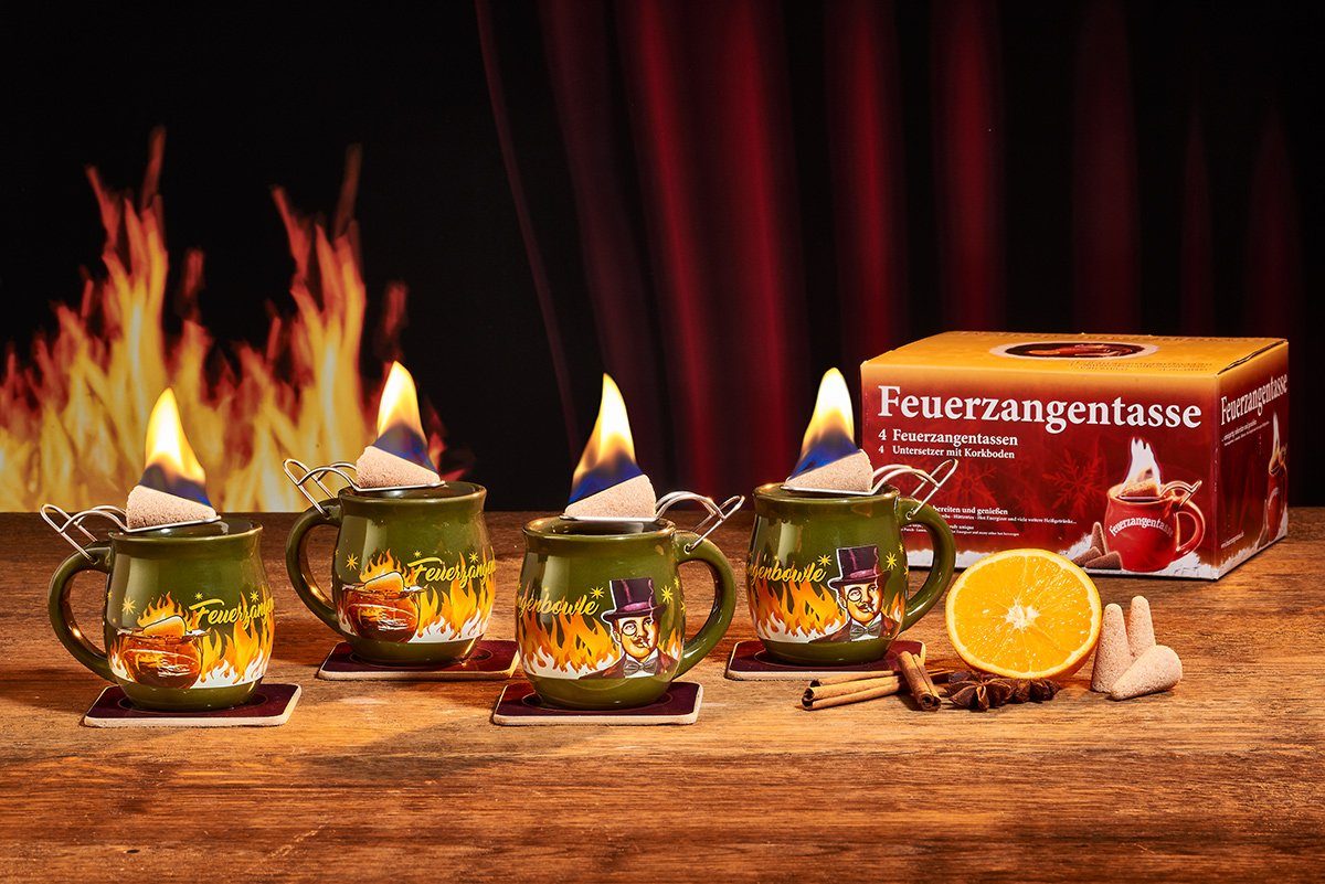 Feuerzangentasse Bowle-Set Feuerzangentasse 4er-Set (Feuerzangenbowle Set, 9-tlg., 4x Feuerzangentasse, 4x Korkuntersetzer, 1x Rezeptheftchen), hitzebeständige Keramik, Edelstahl-Feuerzange