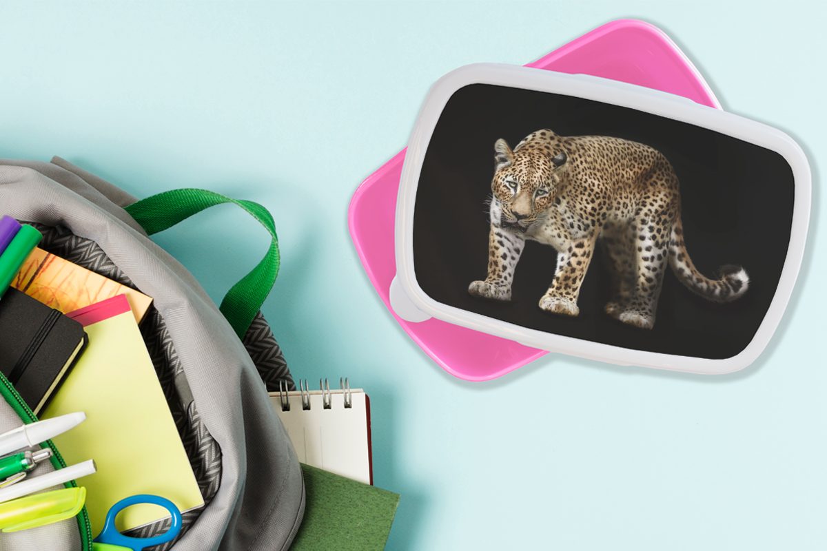 MuchoWow Lunchbox Leopard - Brotdose Kunststoff - Erwachsene, rosa Kinder, für Mädchen, Wild Snackbox, (2-tlg), Schwarz, Kunststoff, Brotbox