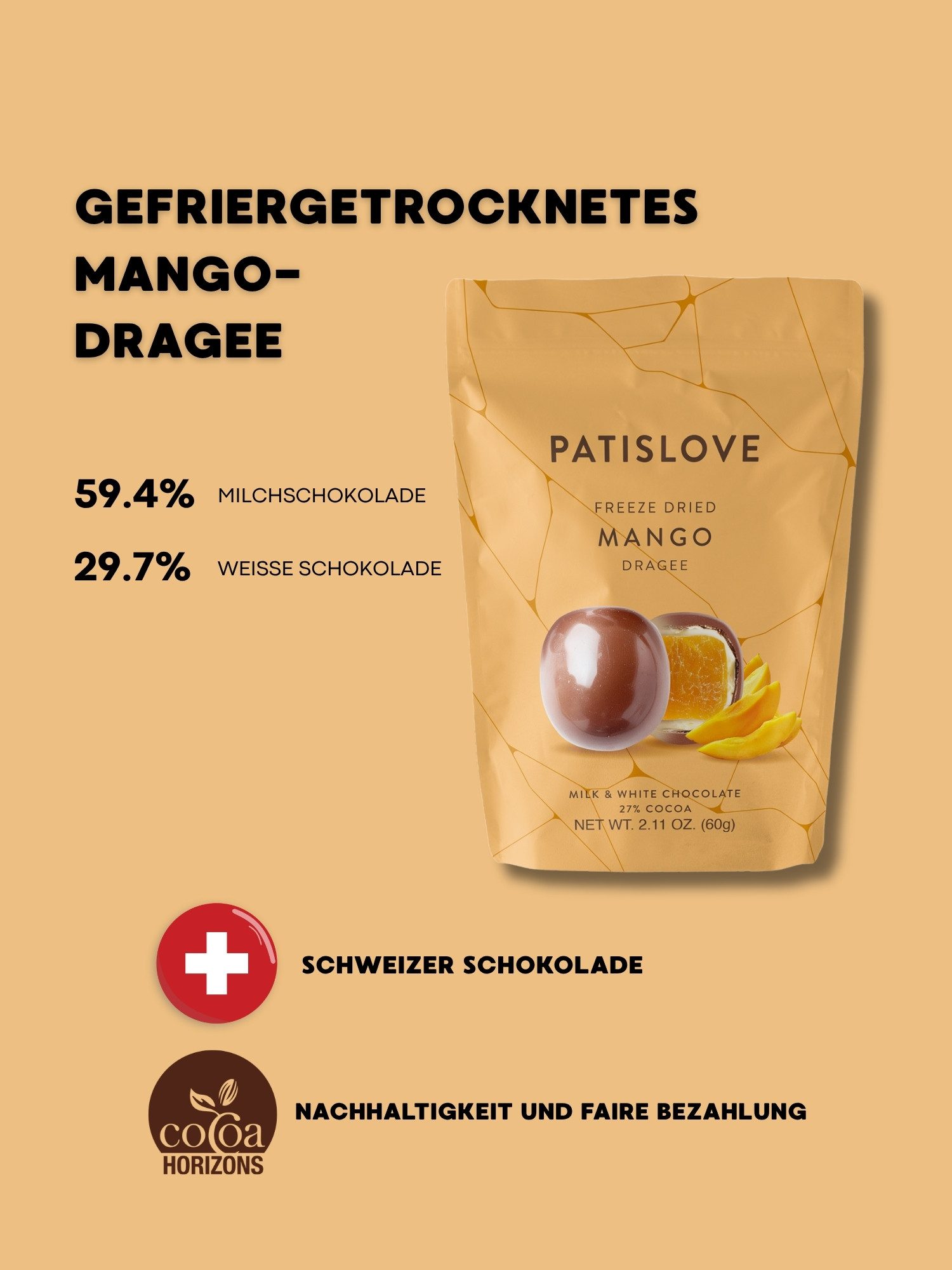 PATISLOVE Schokolade Patislove Mango Dragee – Gefriergetrocknet in Schweizer Schokolade, Ohne künstliche Farbstoffe, 100% echte Frucht.