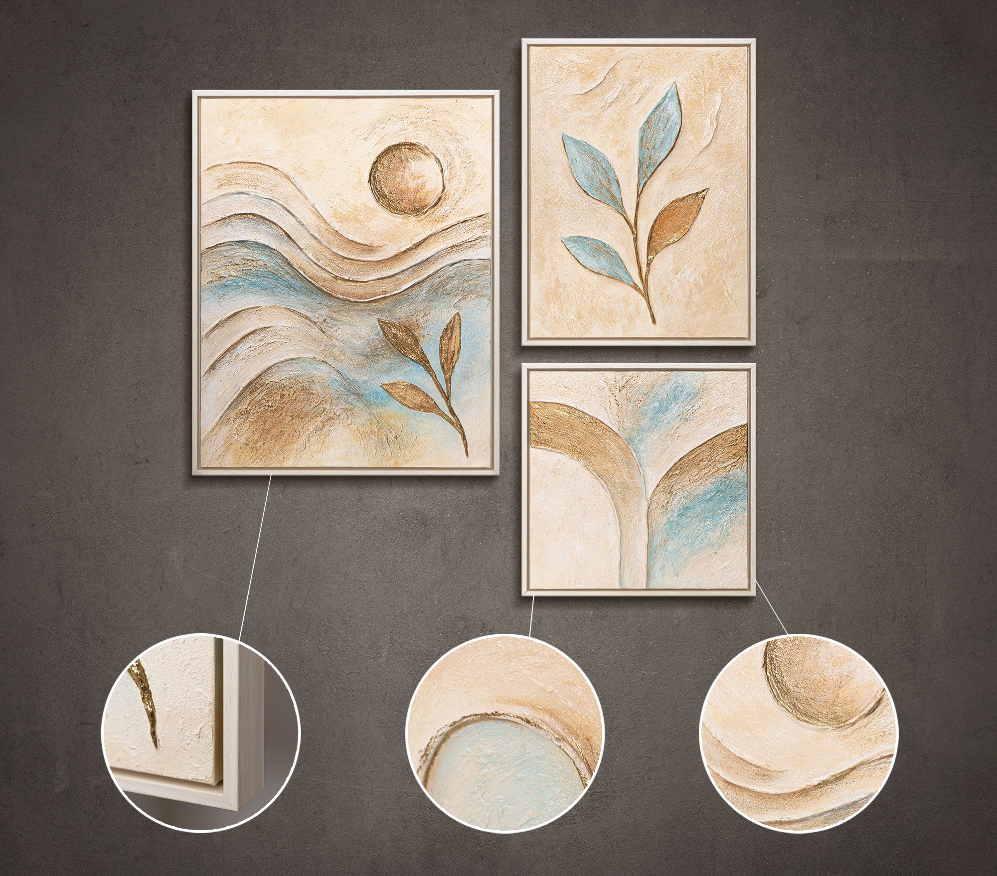 YS-Art Gemälde "Sanftheit des Augenblicks", Landschaft (Set, 3 St), Wandbilder Set Natur Modern – Bilder Set mit Rahmen in Beige & Blau