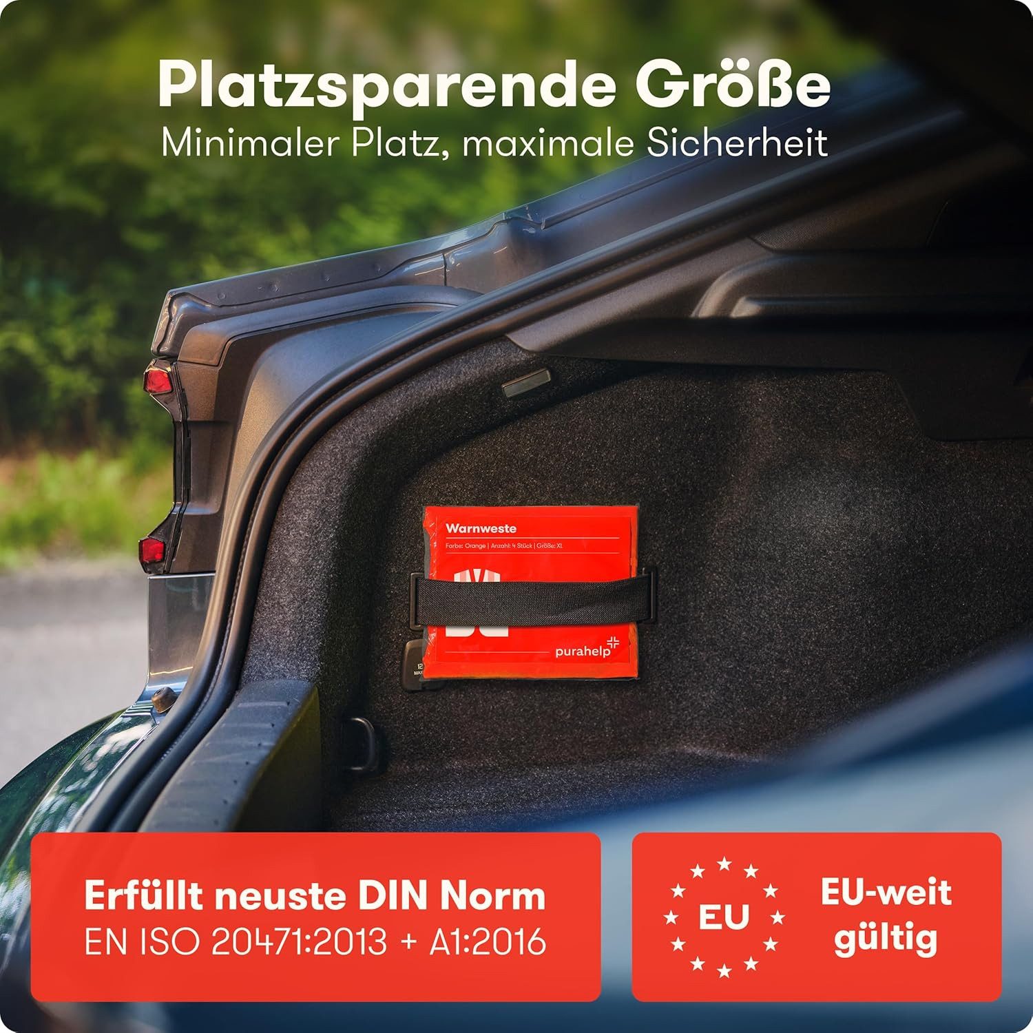 Purahelp Warnweste Auto 5er 4+1 Set Europaweit gültig nach EN ISO 20471 (Reflektierende Sicherheitsweste inkl. Kinderweste, 5-tlg) Auto Warnweste Orange - Warnschutzweste