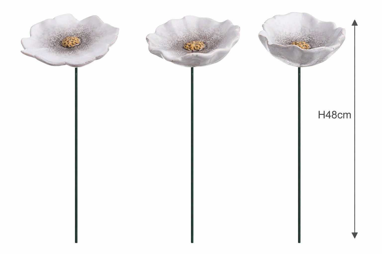 finehomegarden Gartenstecker Blüte Mohnblume Gartenstecker Insektentränke Ø8/8,5/10cm Stab 48cm (Set, 3-St., 3tlg.-Set) Klatschmohn Keramik weiß 3fach sort. Stecker Blütenstecker Garten