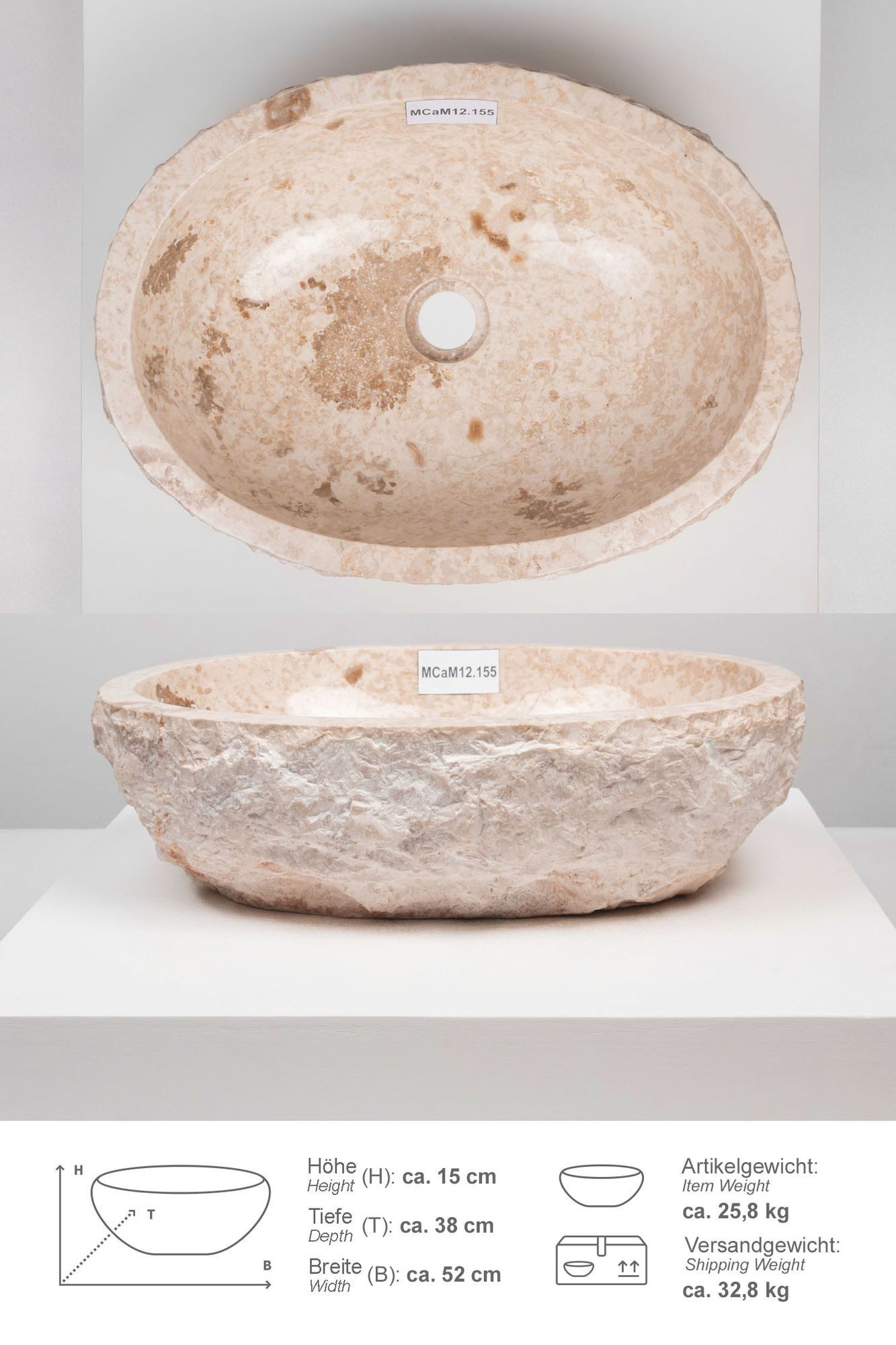 wohnfreuden Aufsatzwaschbecken Erosi Marmor Waschbecken 50 cm creme (Kein Set), 125881_MCaM12.155