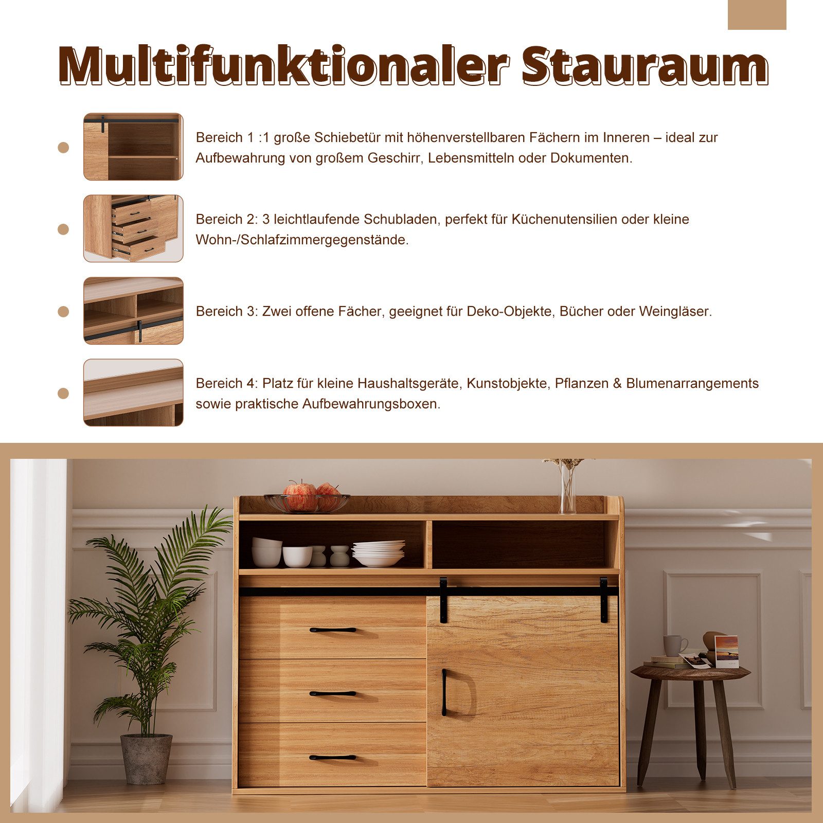 HOMAVO Sideboard HG1 kommode mit Schiebetüren & 4 Schubladen – 107 & 140 cm (FSC®, viel Stauraum, pflegeleicht), für Wohnzimmer Schlafzimmer Büro Flur – Bild 4 von 5