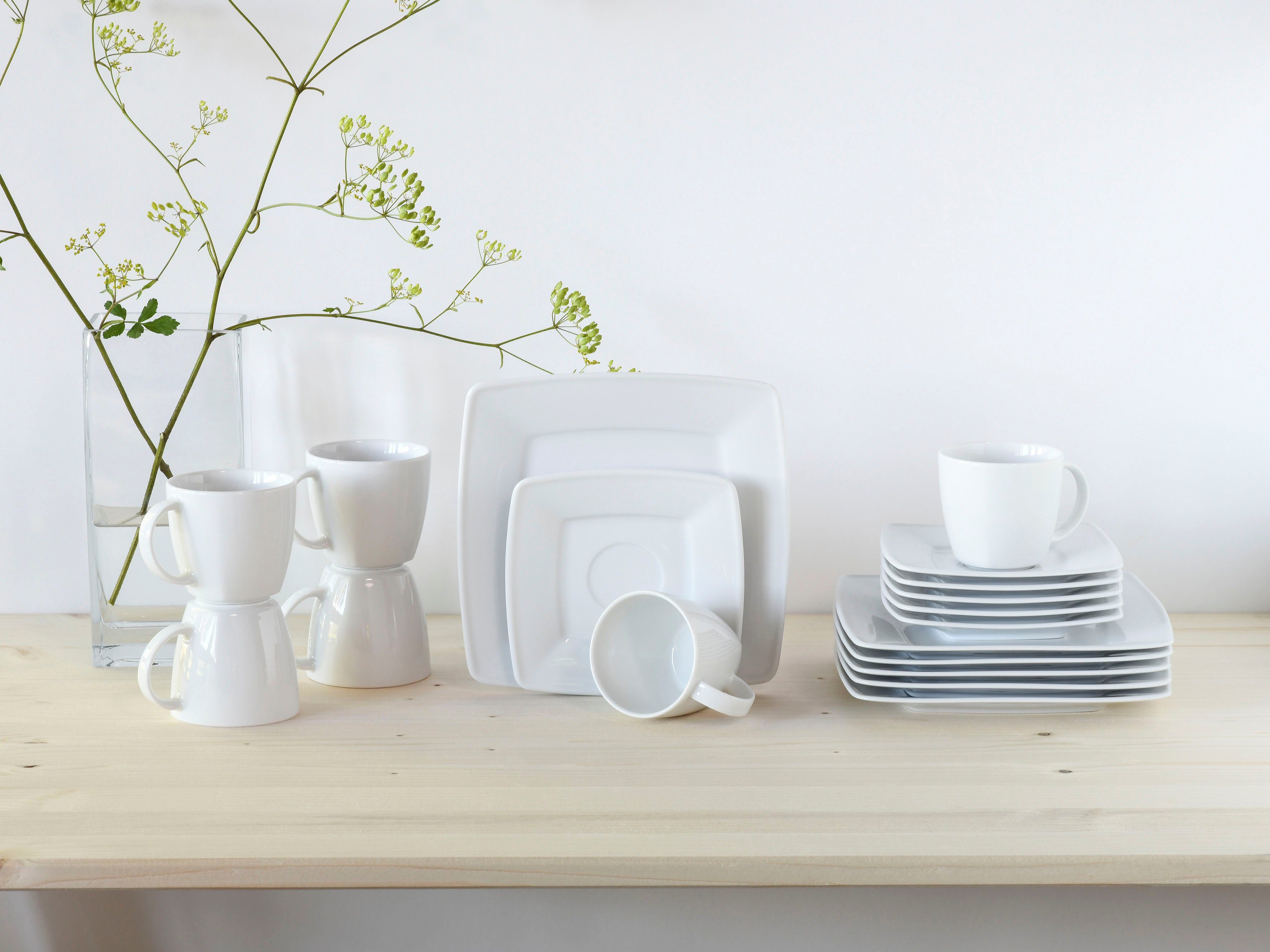 CreaTable Kaffeeservice Victoria Weiss (18-tlg), 6 Personen, Porzellan, abgerundete, quadratische Form