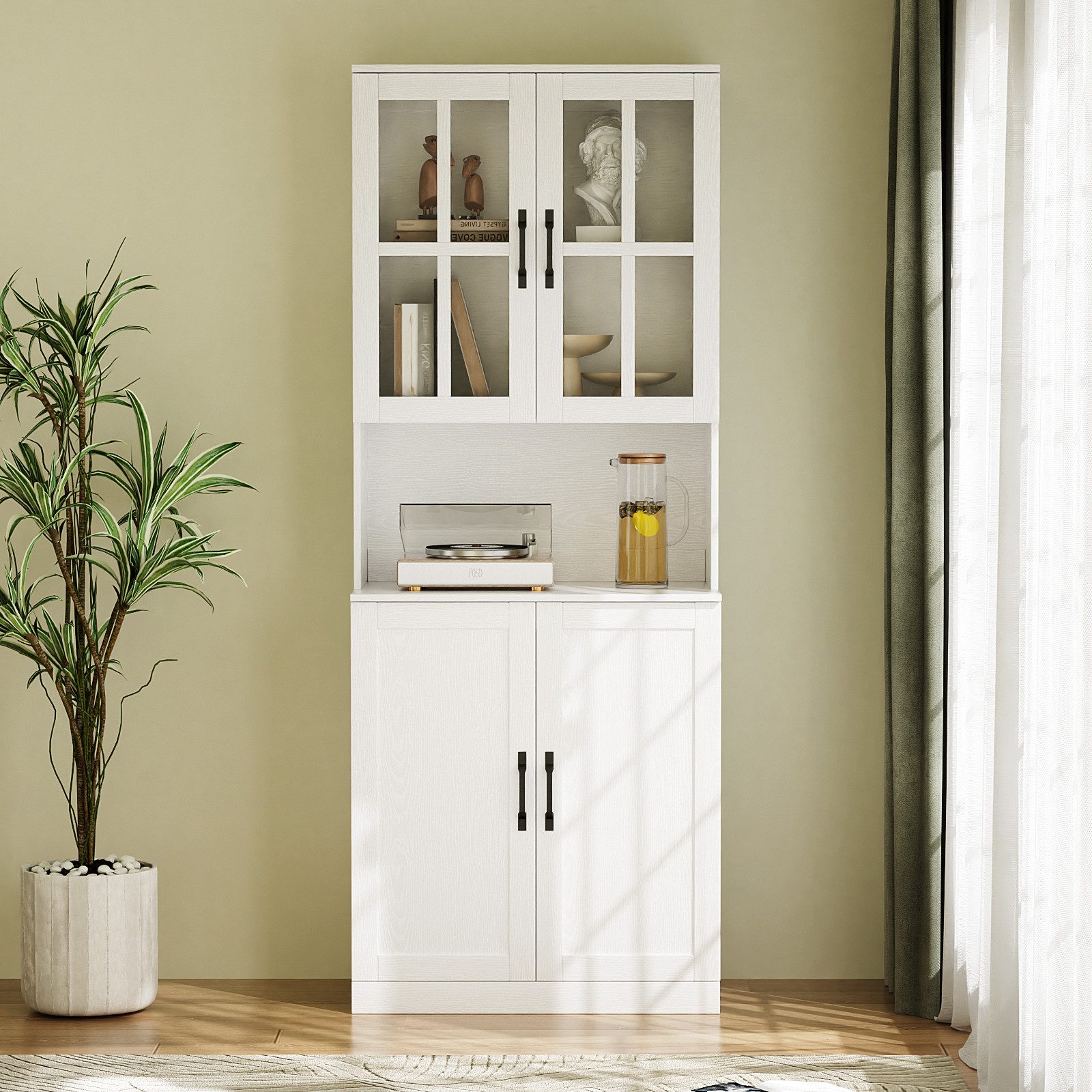VOWNER Bücherregal mit Glastüren, offenem Fach & Arbeitsplatte – 5 Ebenen Hochschrank, 1-tlg., Vitrinenschrank Buffetschrank Standregal für Wohnzimmer & Büro