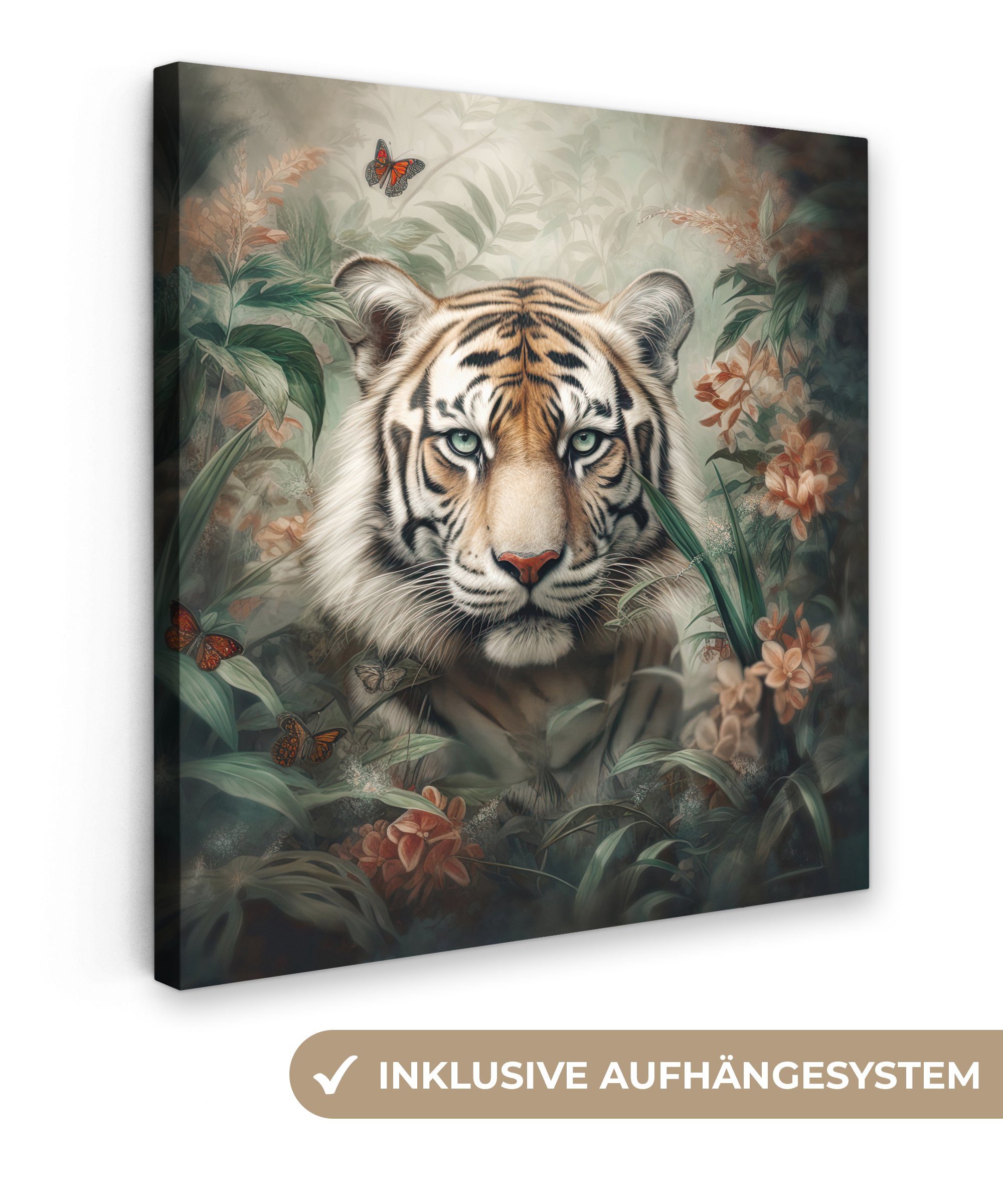 OneMillionCanvasses® Leinwandbild Tiger - Schmetterlinge - Tiere - Dschungel - Blumen, Fotodruck (1 St), Wandbild, Deko Schlafzimmer Wohnzimmer Flur 20x20 cm
