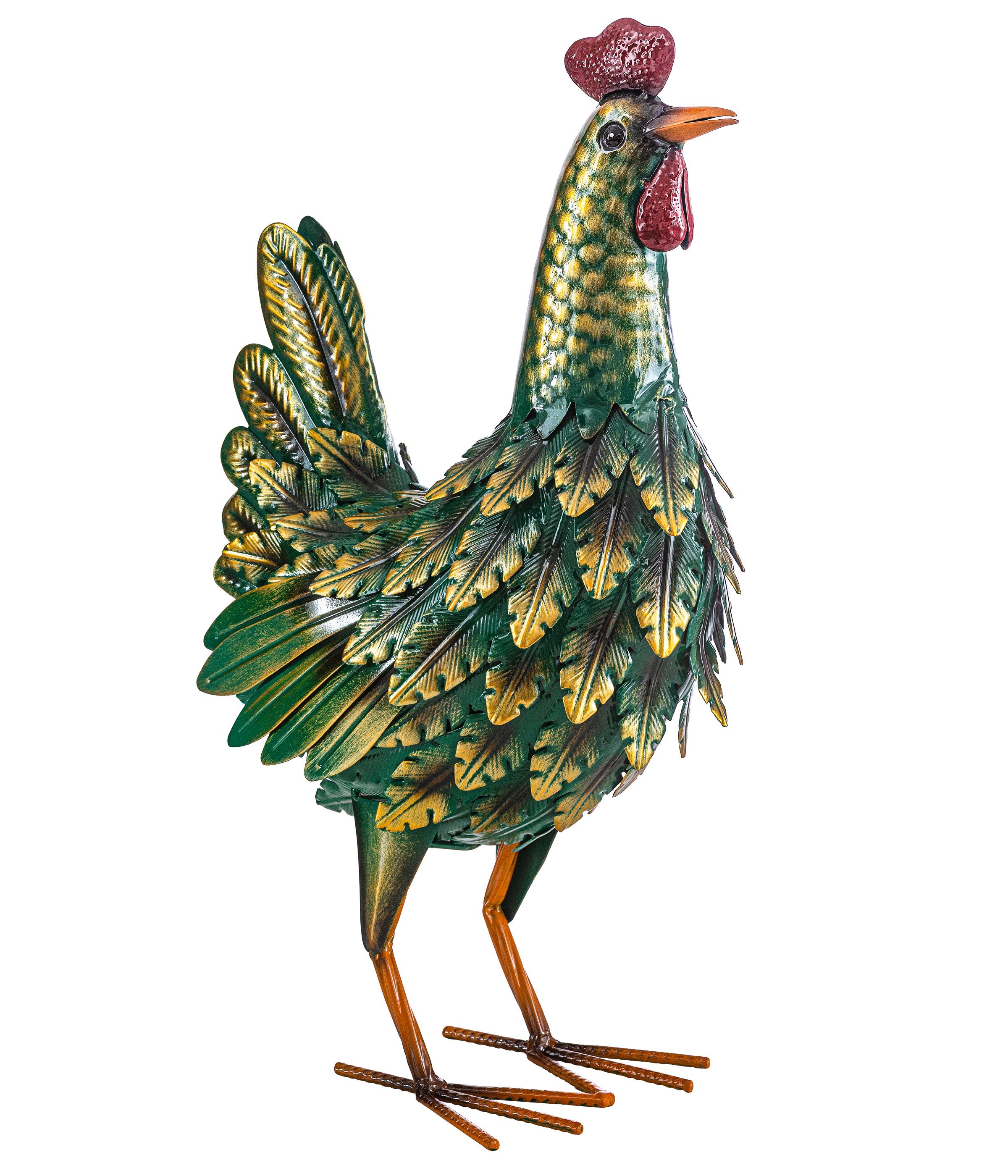 Dehner Gartenfigur Dekofigur Hahn / Huhn, handgefertigt, Eisen, grün / gelb, kunstvolle detaillierte Garten-Dekoration, frostbeständig