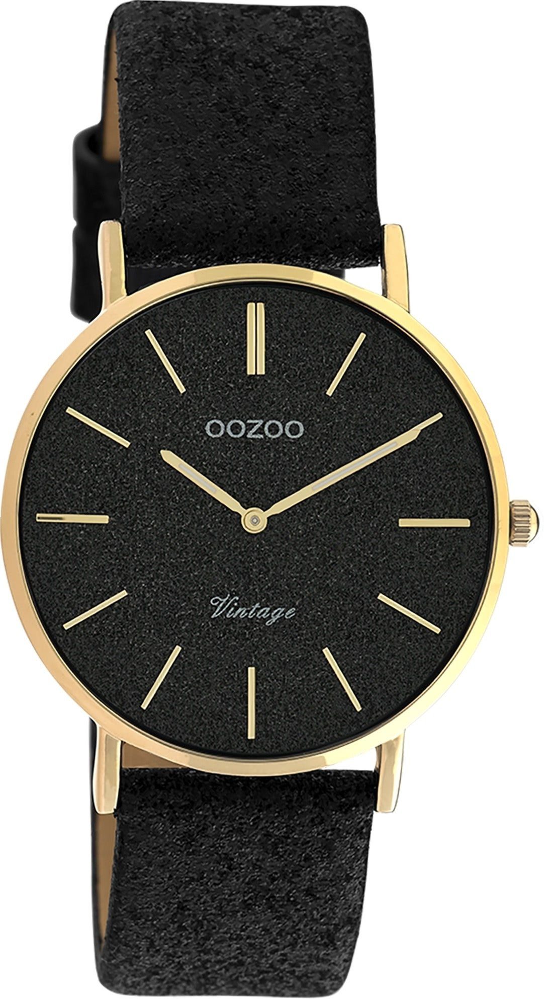 rund, 32mm) Oozoo mittel Elegant-Style schwarz OOZOO Lederarmband, (ca. Quarzuhr Armbanduhr Analog, Damen Damenuhr