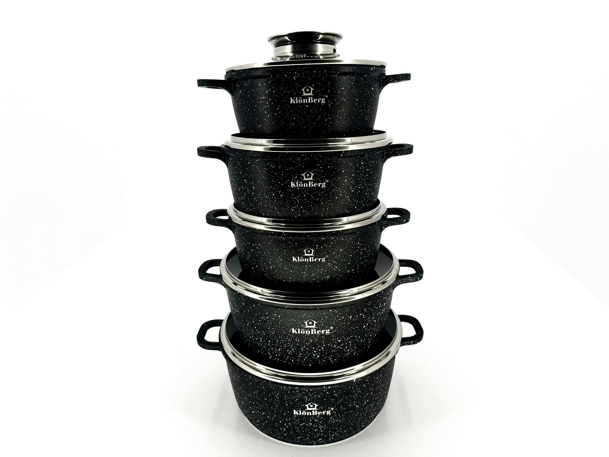 KlönBerg Topf-Set Wunderschöne Töpfe mit Steinbeschichtung in 5 verschiedenen Größen, Aluminiumguss, Keramik, Edelstahl (Passt in jede Küche! 1.3L / 1.7L / 2.4L / 3.1L / 4.3L, 10-tlg., Es ist eine perfekte Geschenkidee für jeden Anlass), Innovative Aroma Knob-Griffe