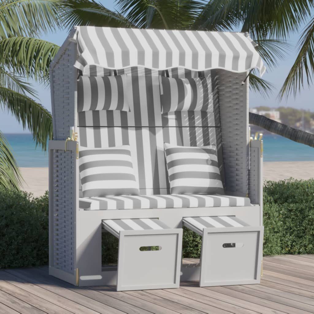 furnicato Gartenliege Strandkorb mit Kissen Poly Rattan und Massivholz Grau & Weiß