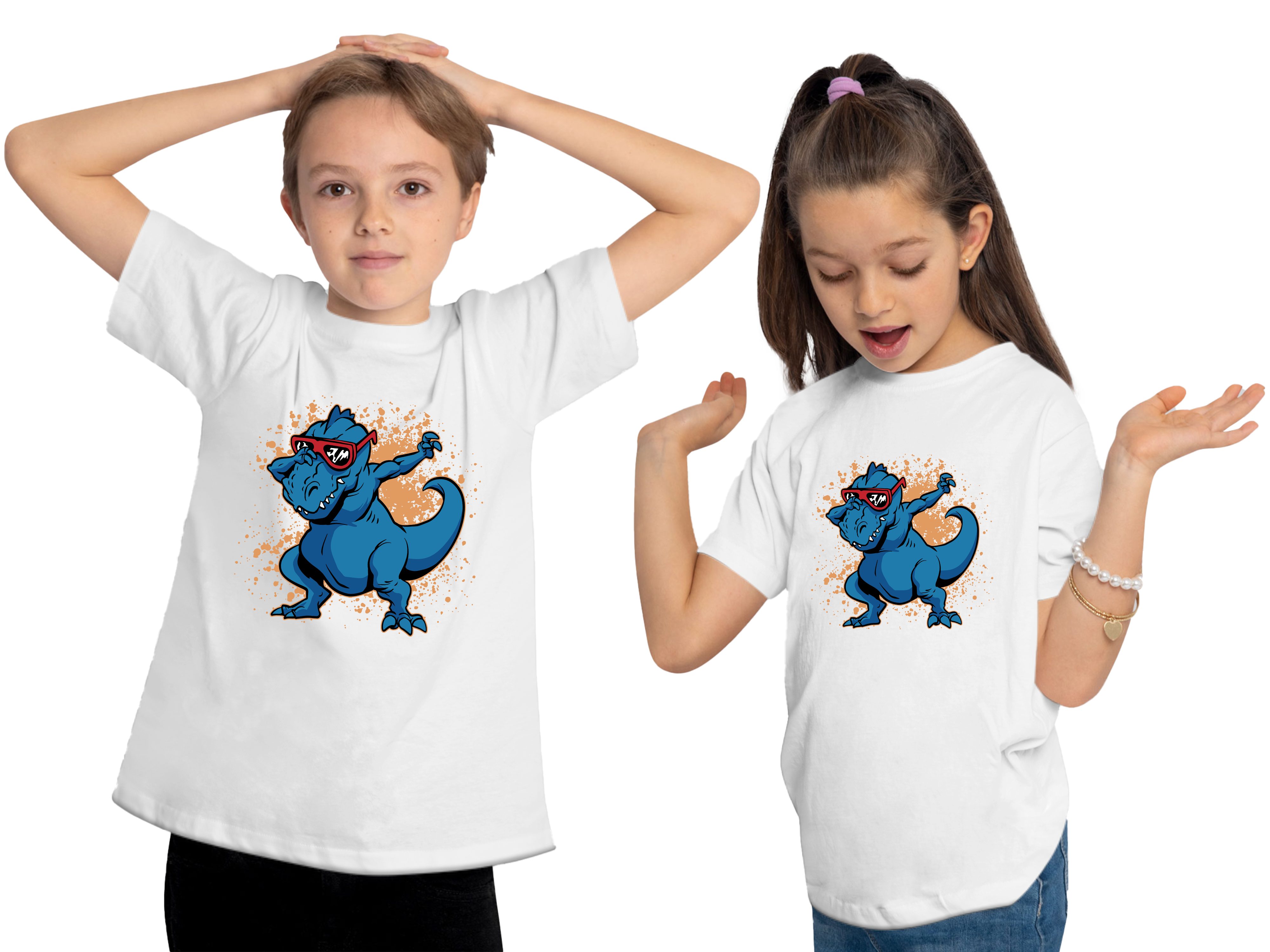 MyDesign24 T-Shirt bedrucktes Kinder T-Shirt T-Rex mit Brille am tanzen 100% Baumwolle mit Dino Aufdruck i49