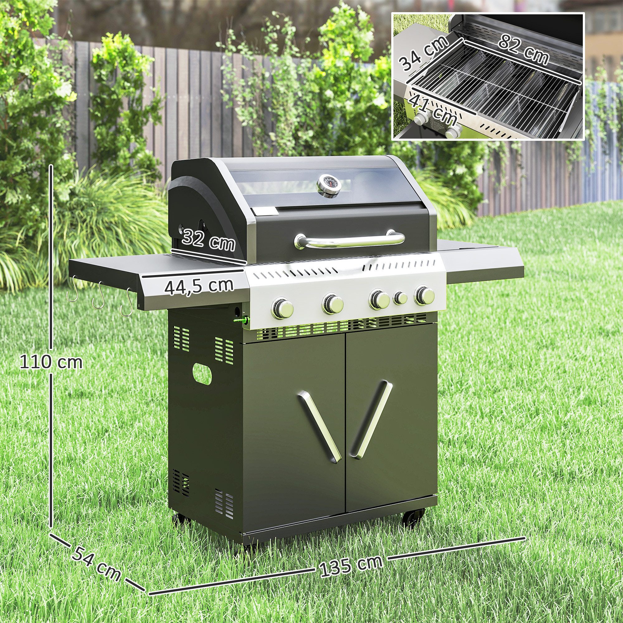 Outsunny Gasgrill inkl 5 Brenner, Seitenkocher, Rolle, BBQ Gartengrill, 12 KW Grillwagen, mit Thermometer, Seitenablagen, für Balkon, Grill 135 x 54 x 110 cm