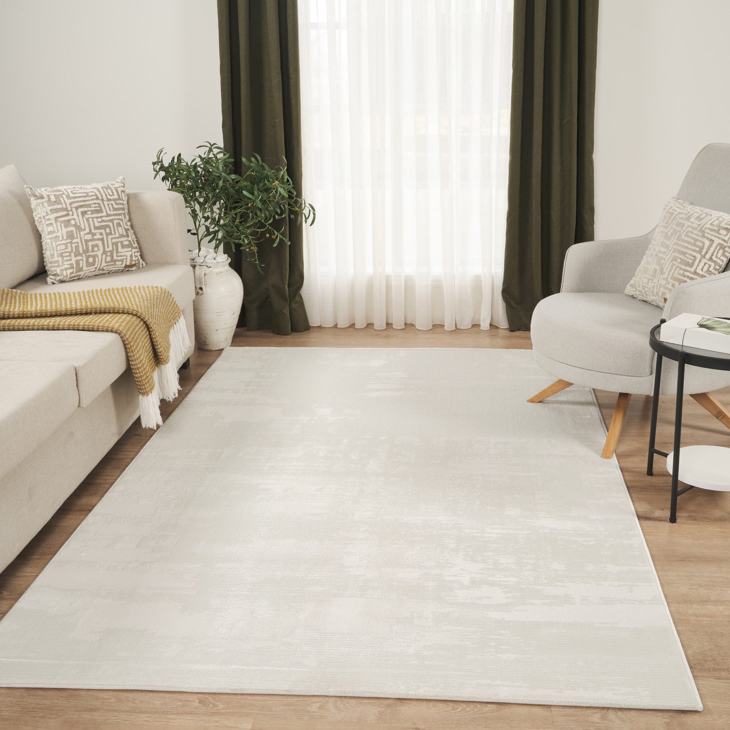Carpetilla Teppich Kurzflor Teppich Creme Modern 3D Muster Wohnzimmer Schlafzimmer, Teppich Wohnzimmer 3D effekt Boho Einfarbig hoch-tief Bordüre