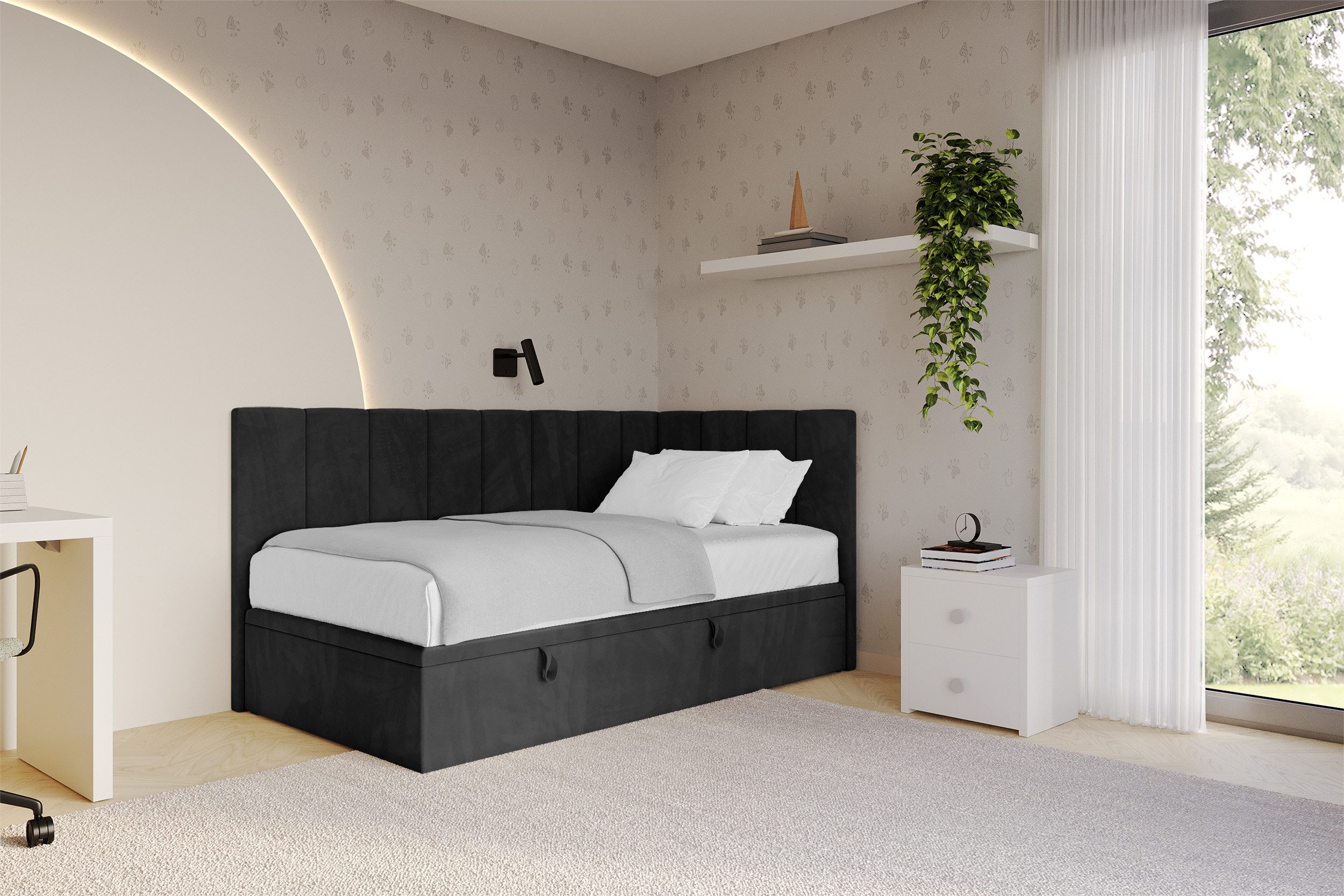 ALTDECOR Jugendbett LOVY (Jugendbett mit Bettkasten, Polsterbett ohne Matratze), Einzelbett mit Stauraum, Bett mit Kopfteil